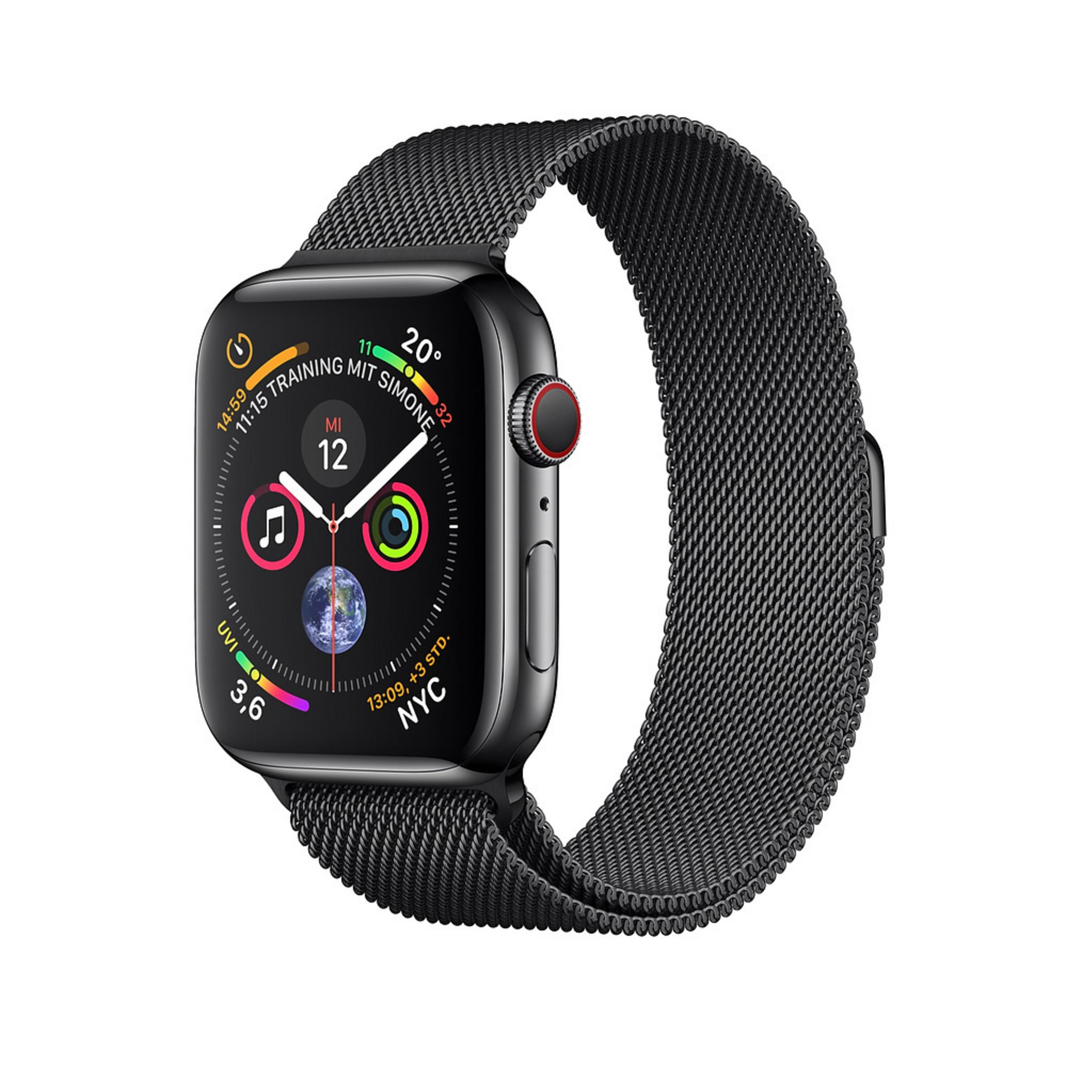 Schwarze Apple Watch mit schwarzem Armband, zeigt die Uhrzeit und andere Informationen.