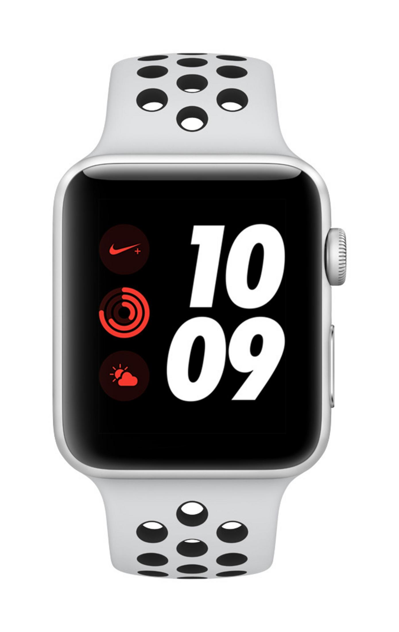 Weiß-graue Apple Watch mit schwarzem Bildschirm, der die Uhrzeit und Trainingssymbole anzeigt.