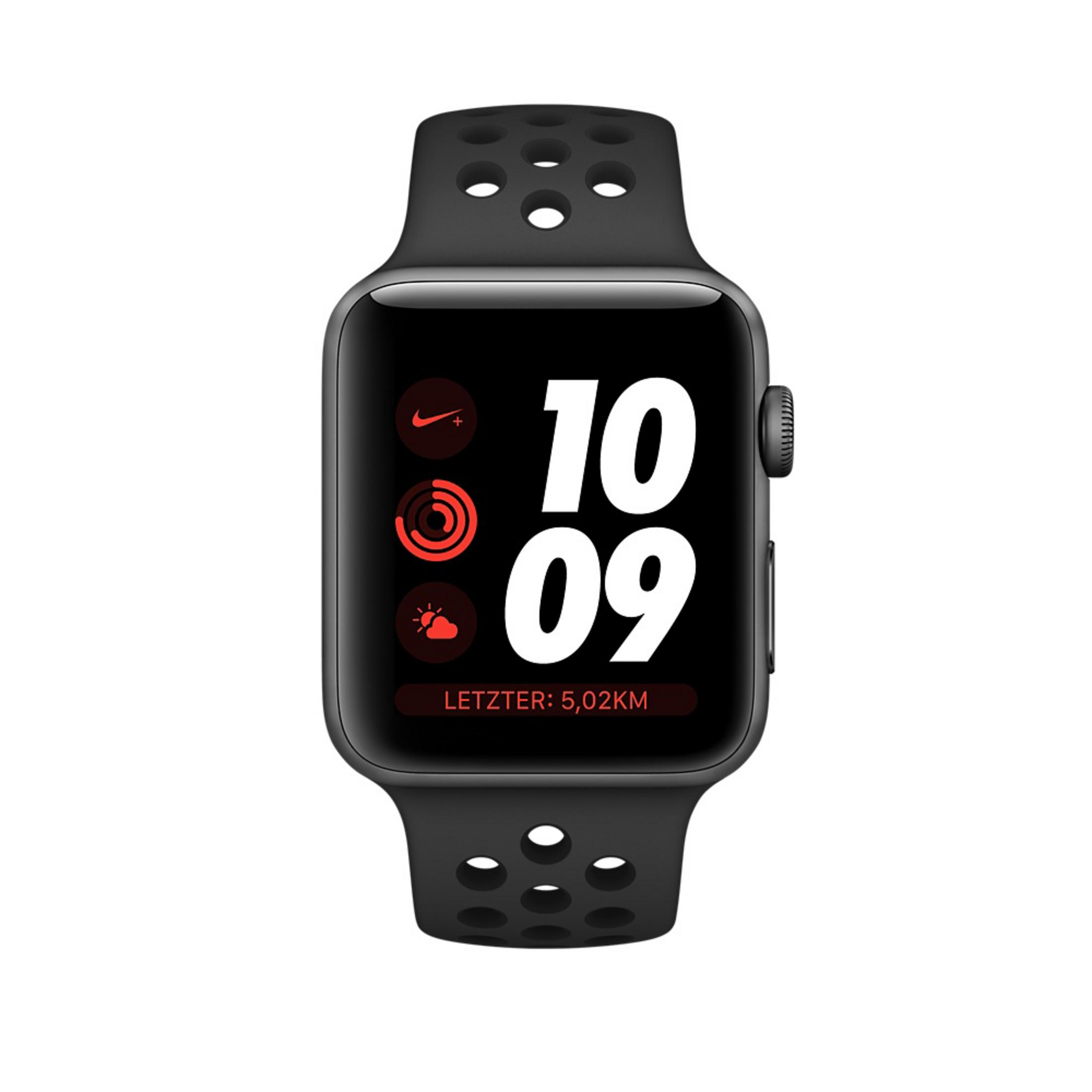 Schwarze Apple Watch mit schwarzem Armband, rotes Display.