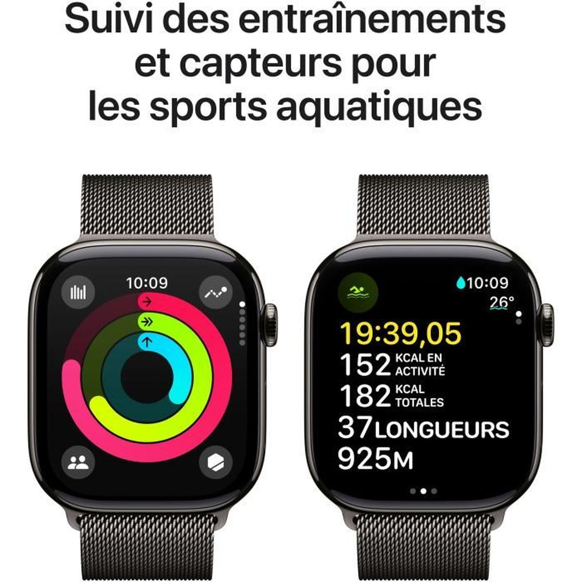 Dwa Apple Watche pokazujące dane treningowe. Tekst u góry: 'Suivi des entraînements'. Dane obejmują czas i kalorie.