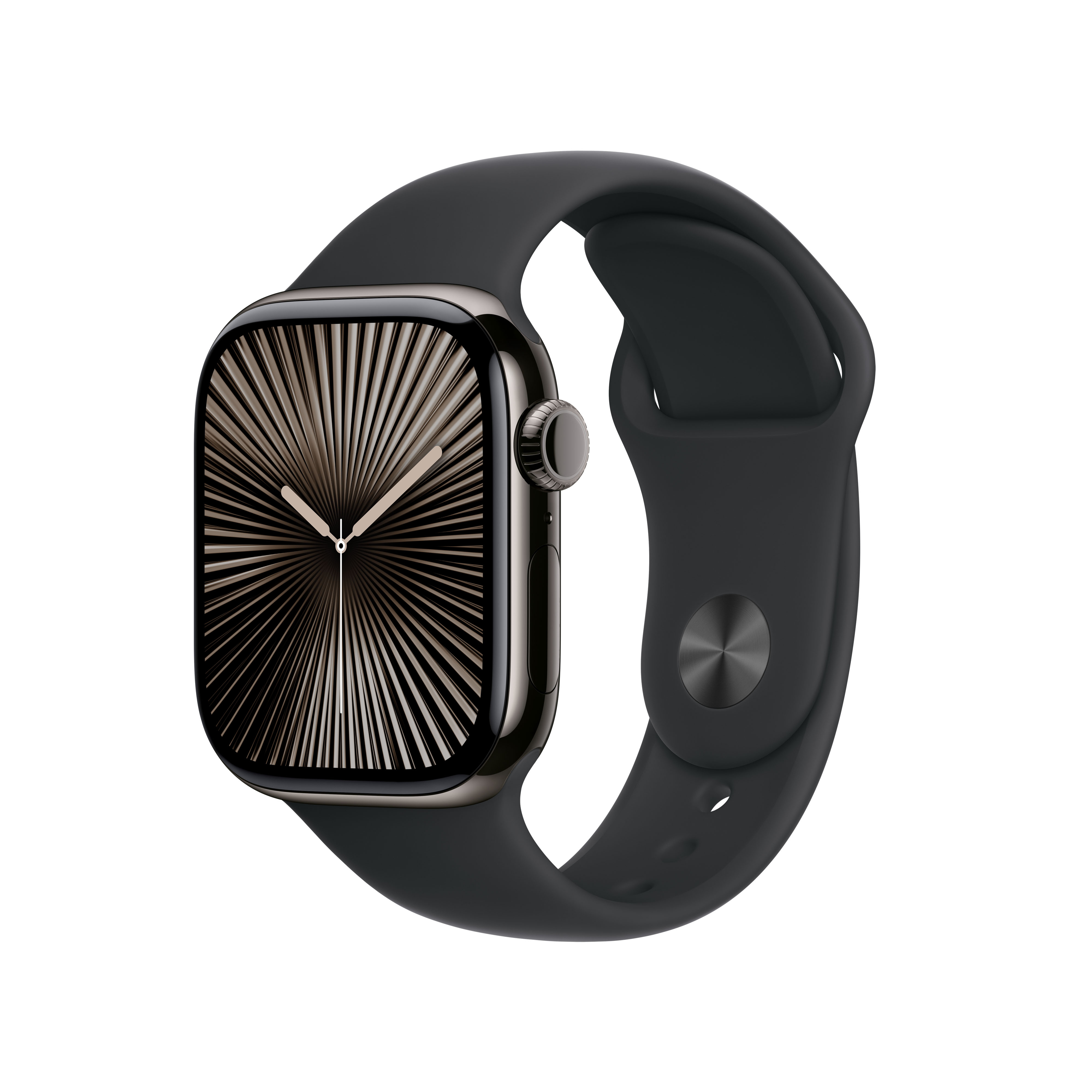 Czarny Apple Watch z czarnym paskiem, tarcza zegarka.