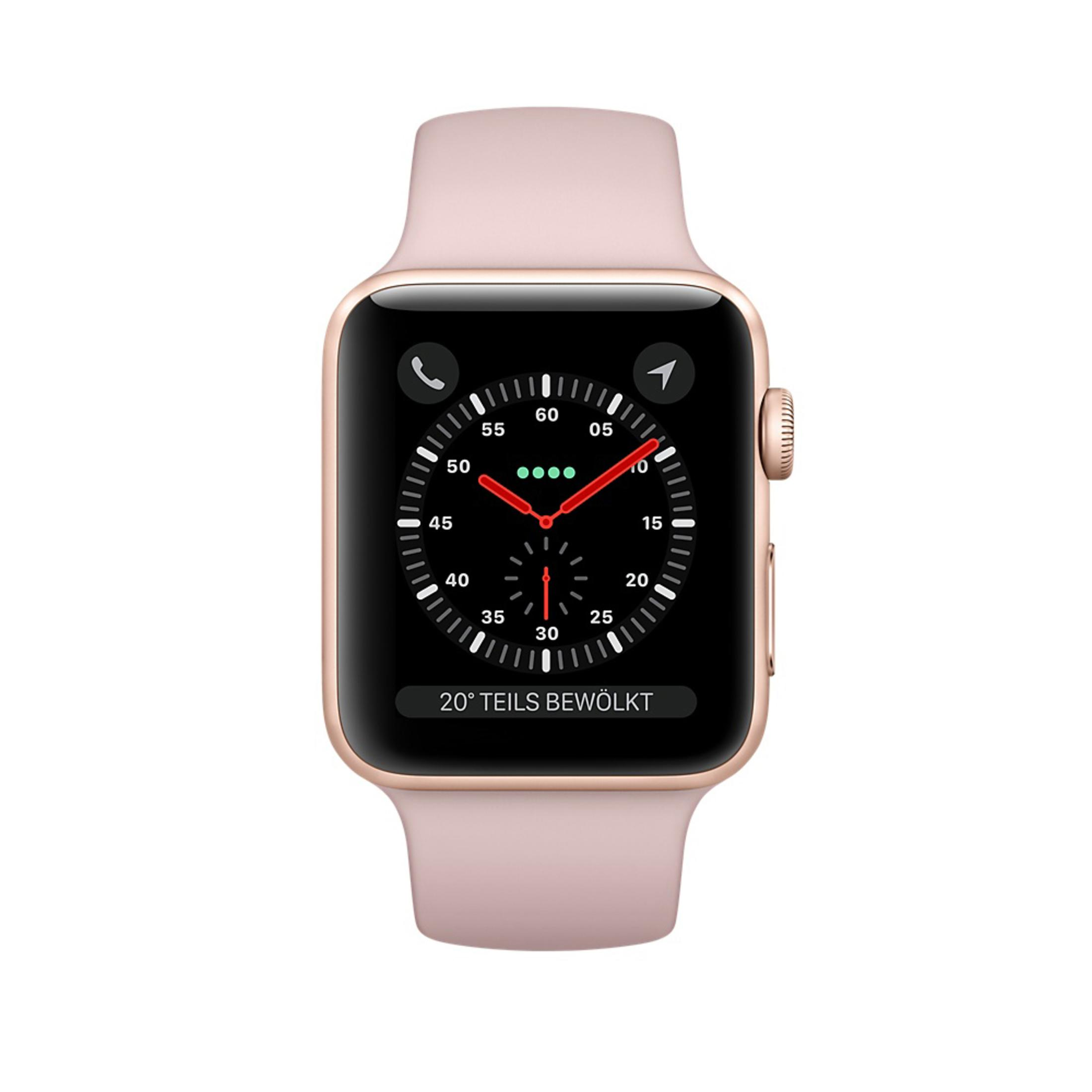 Eine goldene Apple Watch mit rosa Band. Das Zifferblatt zeigt Zeit und Wetterdetails.