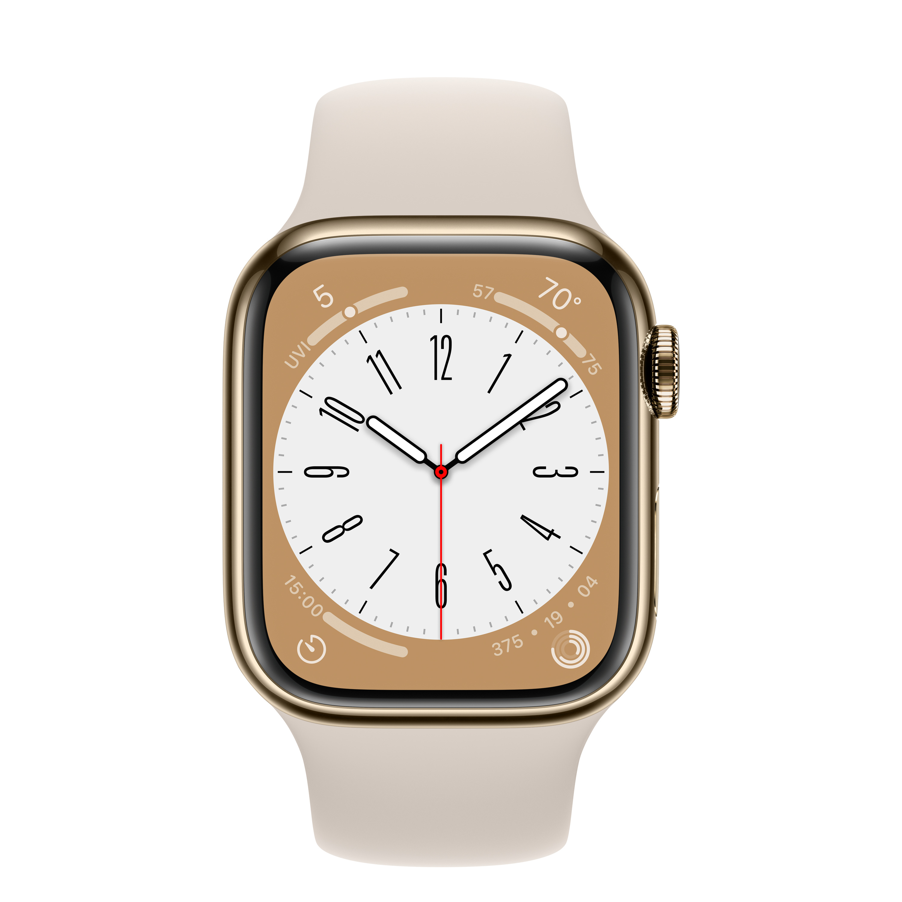 Smartwatch con caja dorada y correa beige. Esfera con detalles de reloj. Fondo blanco.