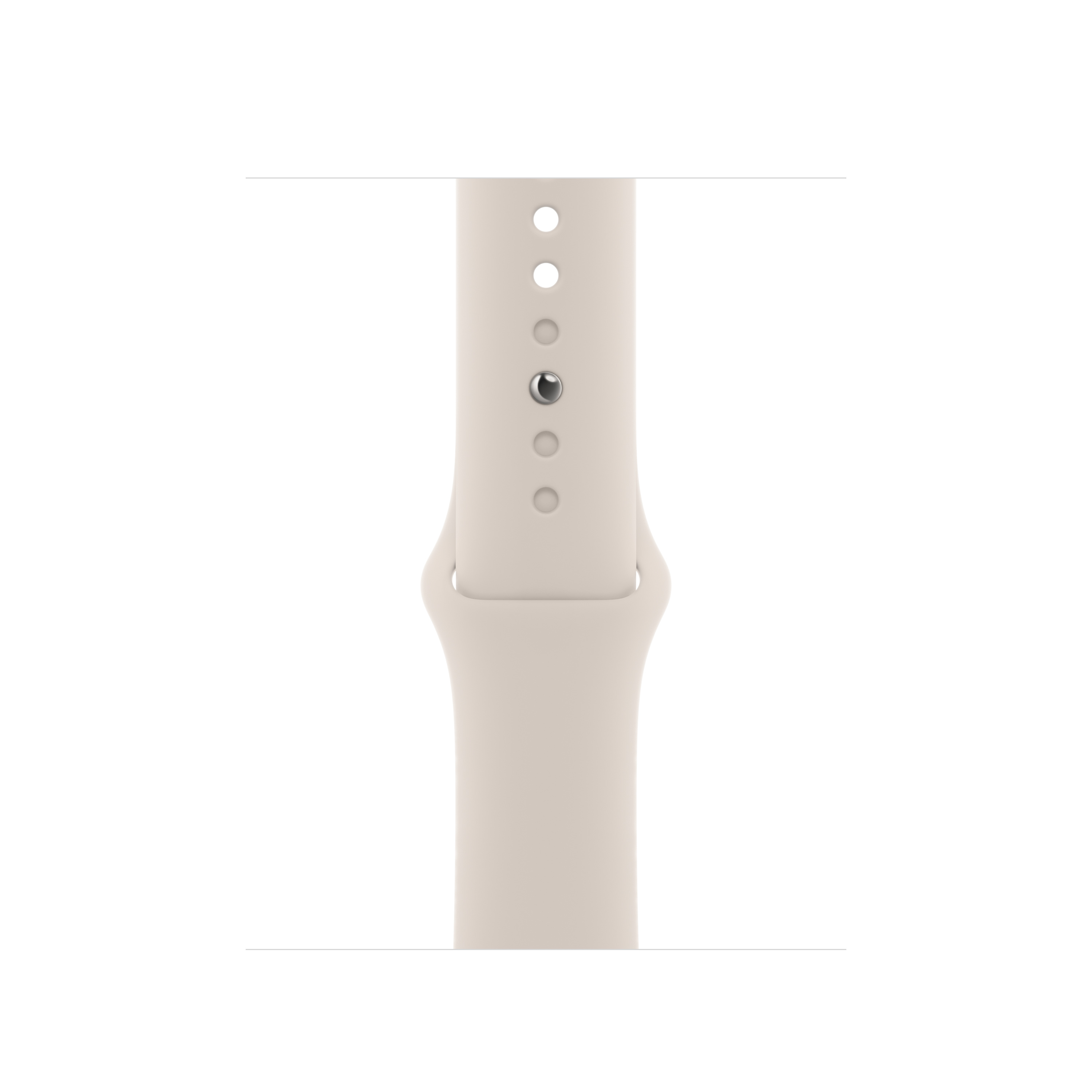 Primer plano de una correa de reloj inteligente beige con agujeros y un cierre metálico.
