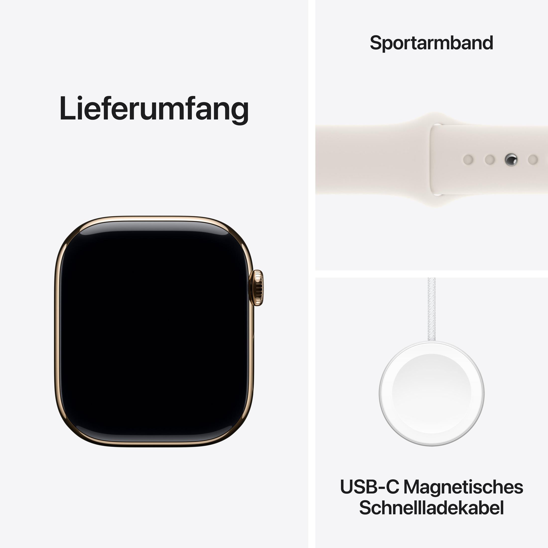 Apple Watch ze złotą kopertą, paskiem i ładowarką na białym tle.