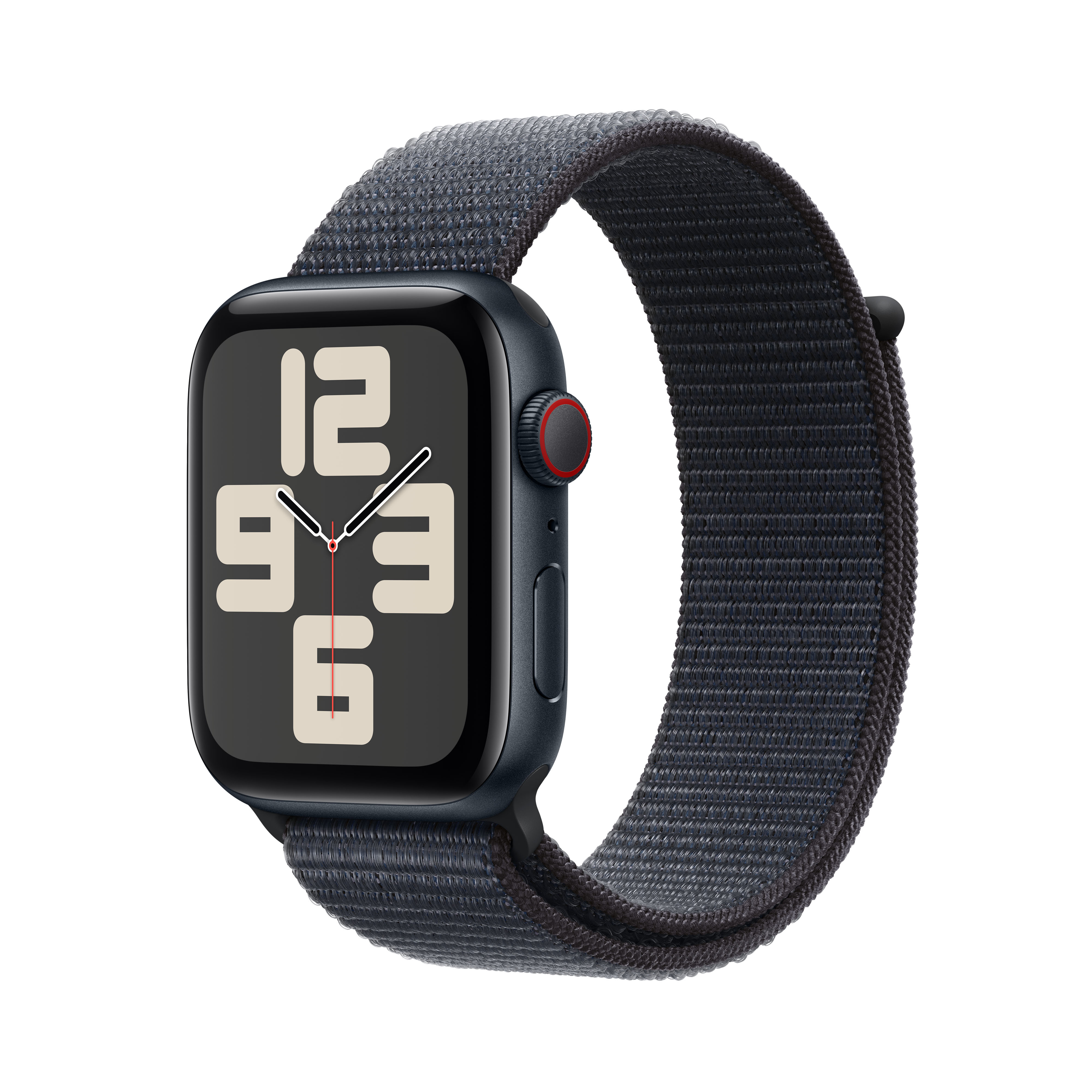 Apple Watch nero con cinturino grigio, ora mostrata. Isolato su sfondo bianco.