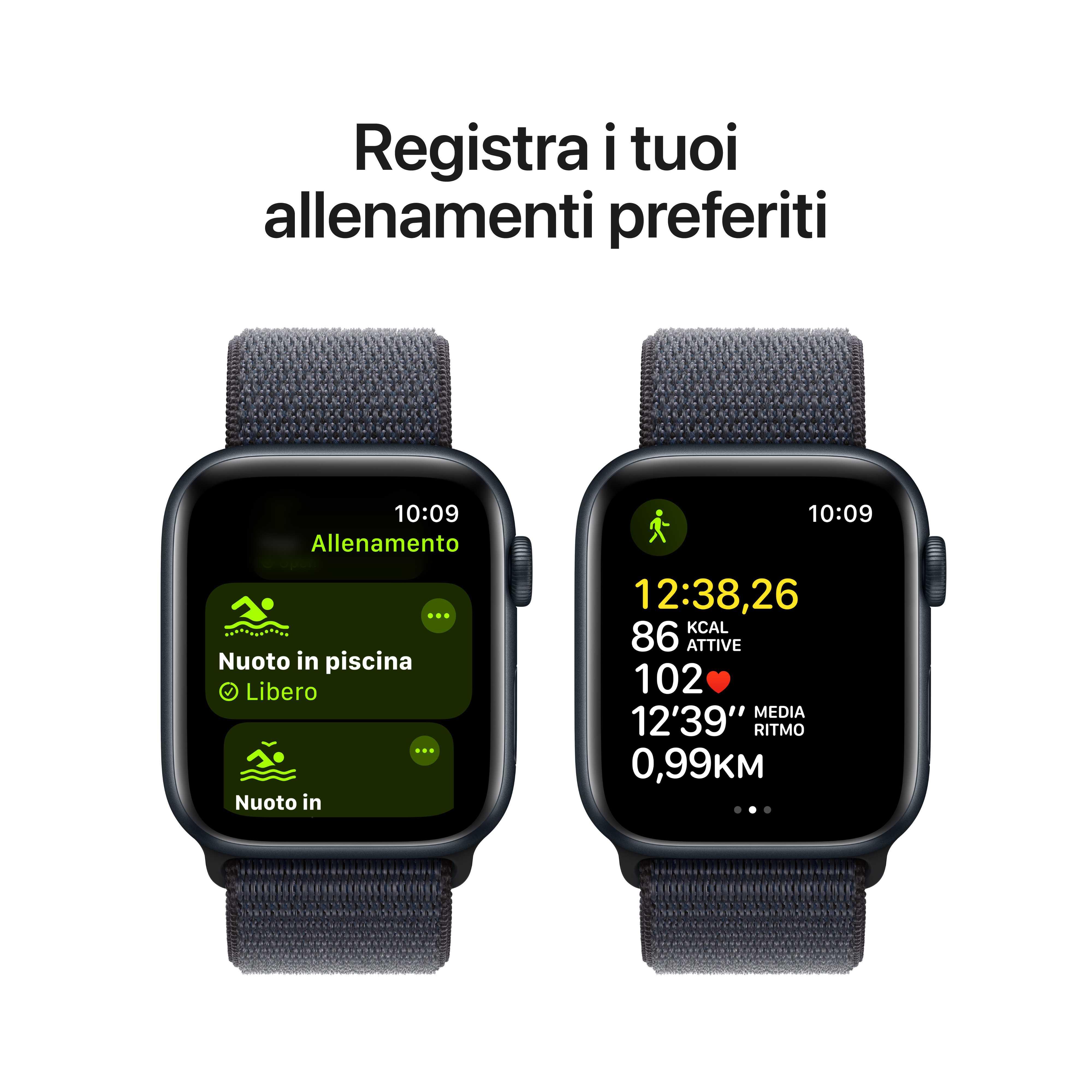 Dwa zegarki Apple na białym tle. Każdy pokazuje trening z różnymi wskaźnikami. Tekst powyżej.