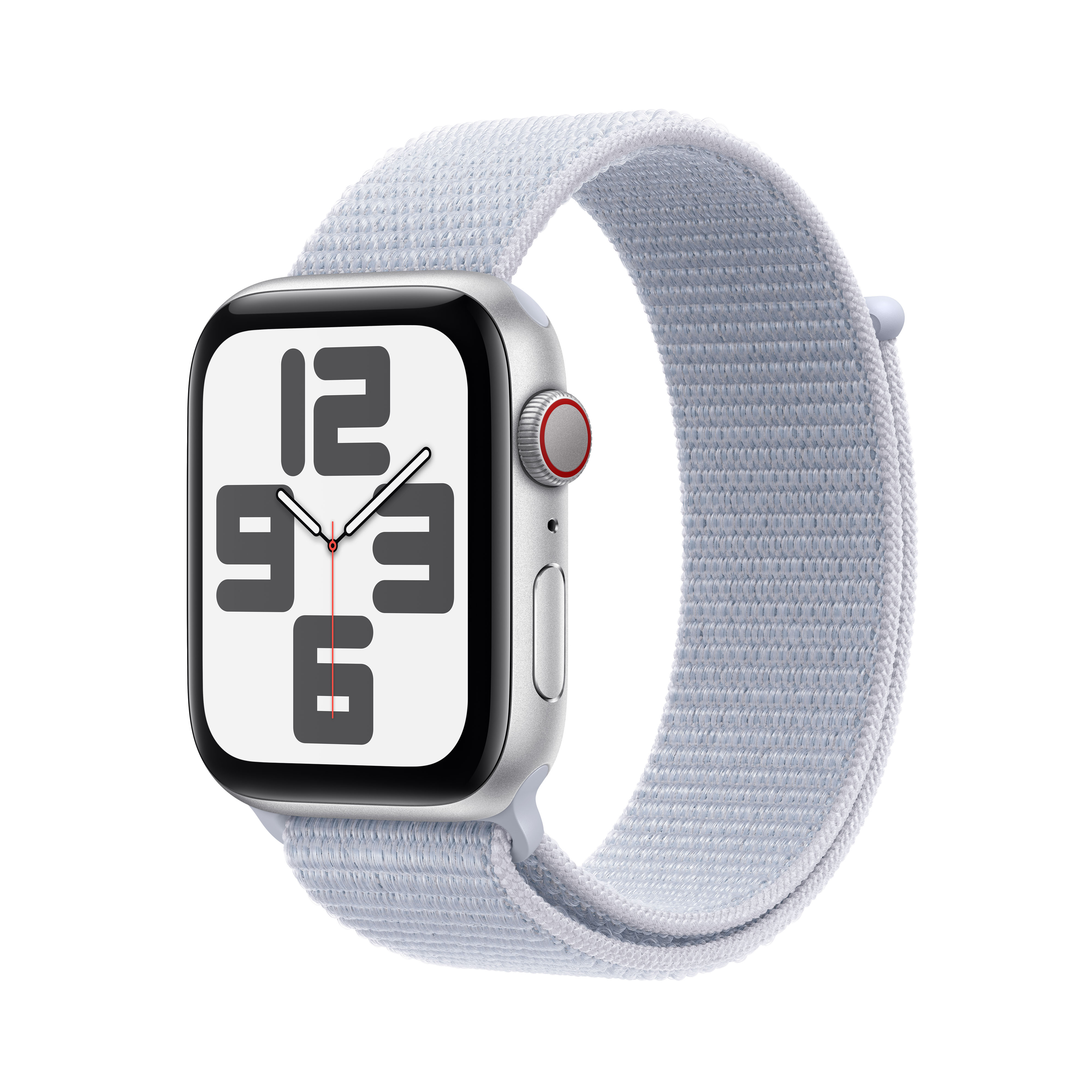 Srebrny Apple Watch z jasnoniebieskim paskiem sportowym, widok z boku.