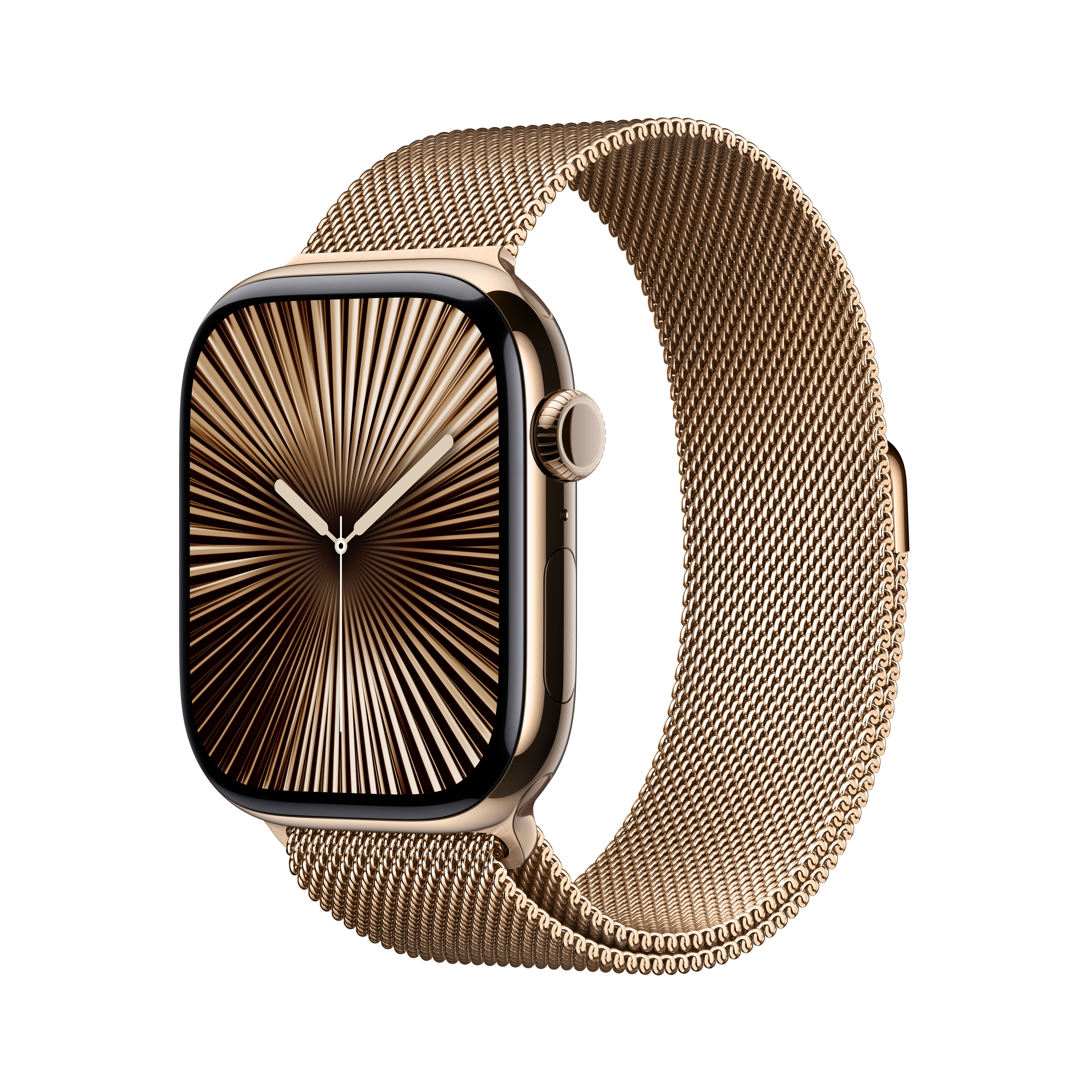 Apple Watch dorada con correa dorada. Esfera con diseño radial.
