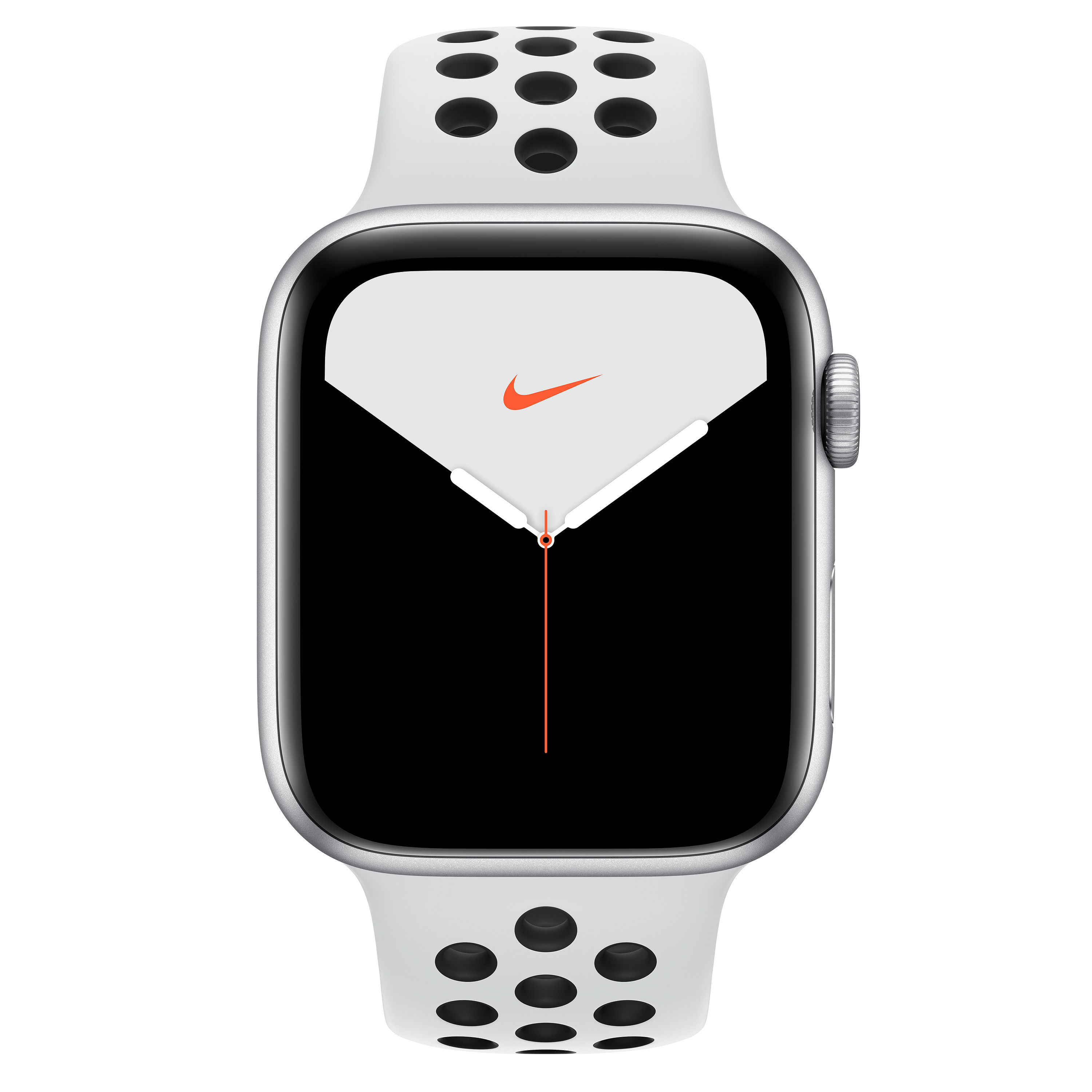 Silberne Apple Watch mit weiß-schwarzem Nike-Armband, zeigt die Uhrzeit, weißer Hintergrund.