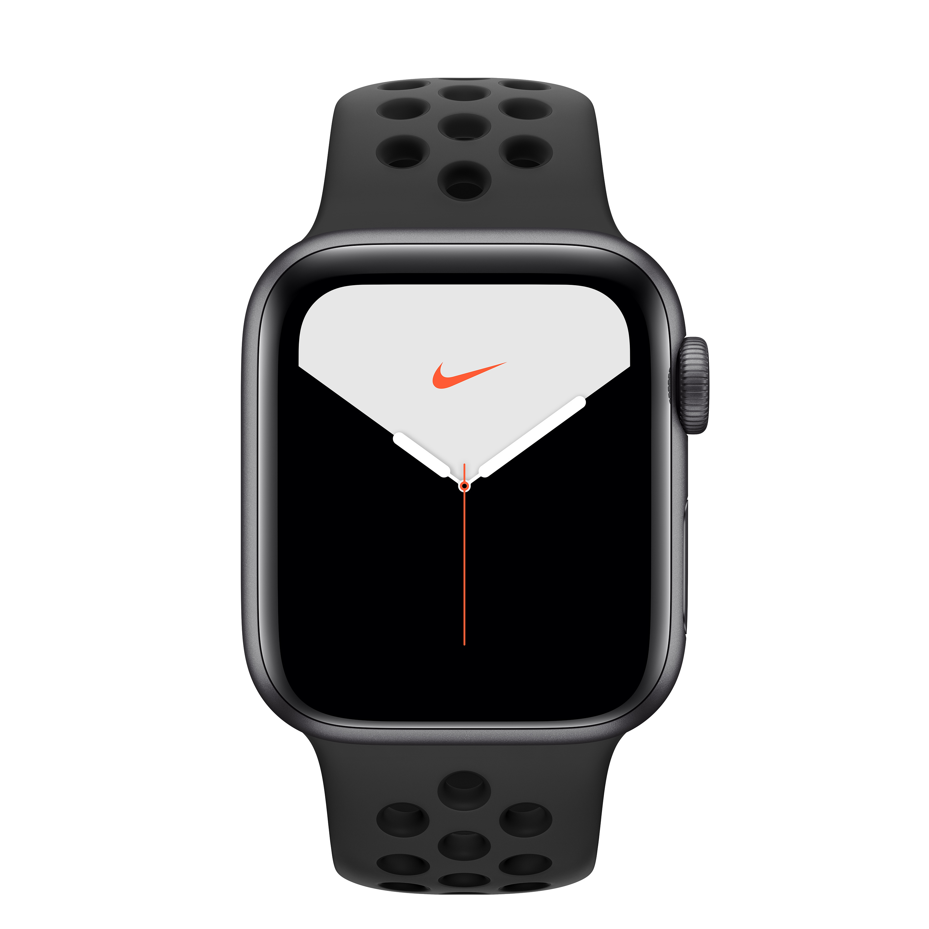 Schwarze Apple Watch mit schwarzem Nike-Armband. Display zeigt weißes Zifferblatt mit orangefarbenem Nike-Logo. Weißer Hintergrund.
