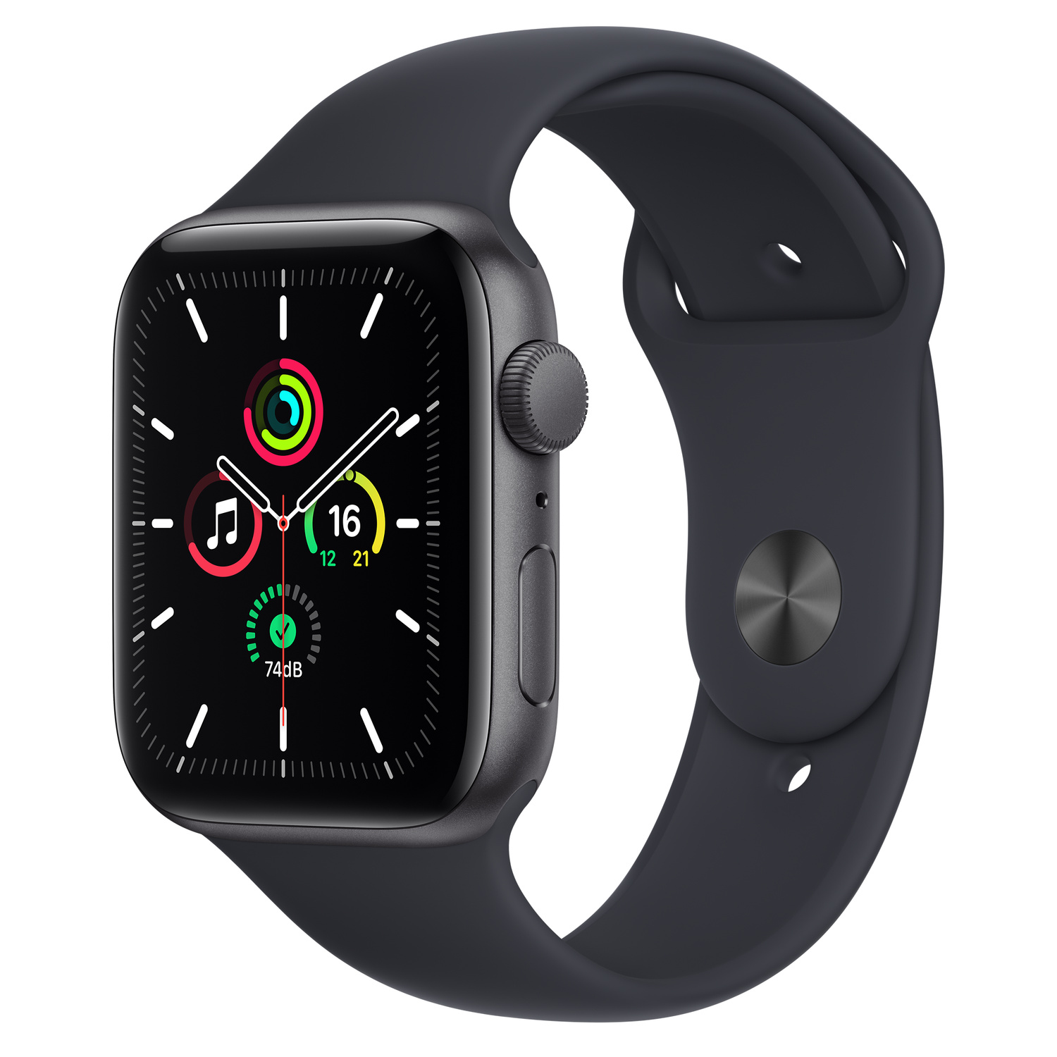Zwarte Apple Watch met donkergrijze band. Toont tijd en gezondheidsgegevens.