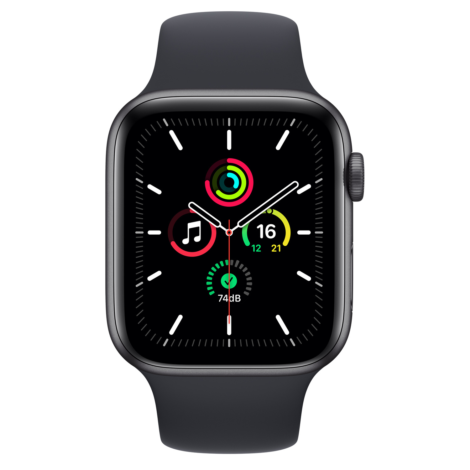 Zwarte Apple Watch, met tijd en gezondheidsgegevens. Zwarte siliconen band. Witte achtergrond.