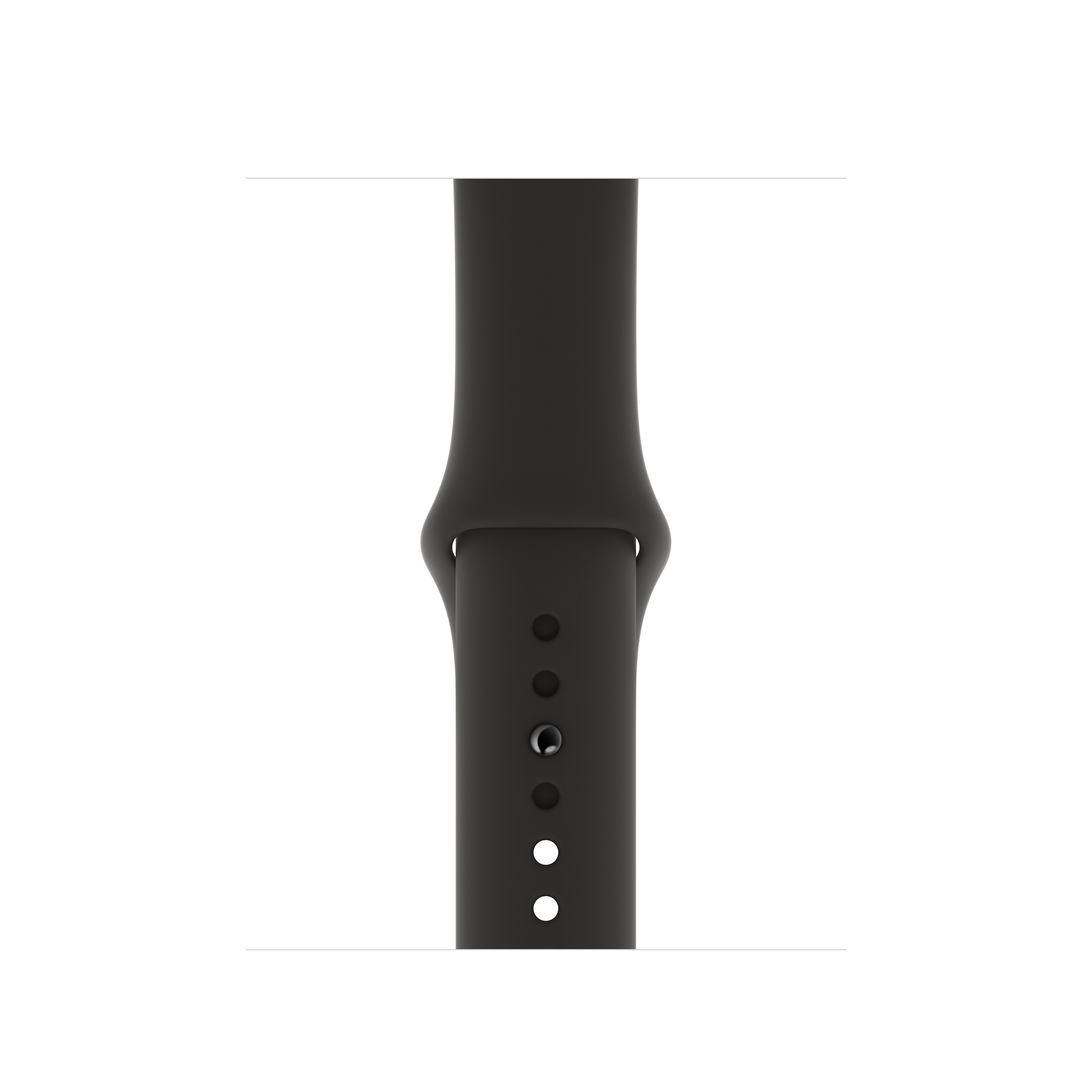Primer plano de una correa negra de Apple Watch, mostrando el punto de conexión y agujeros.