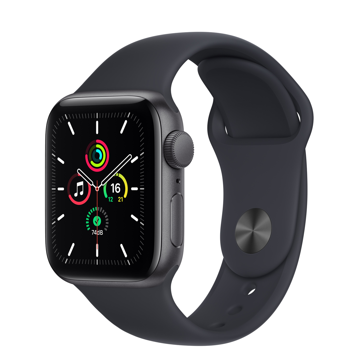 Schwarze Apple Watch mit schwarzem Armband. Der Bildschirm zeigt die Uhrzeit und andere Symbole.