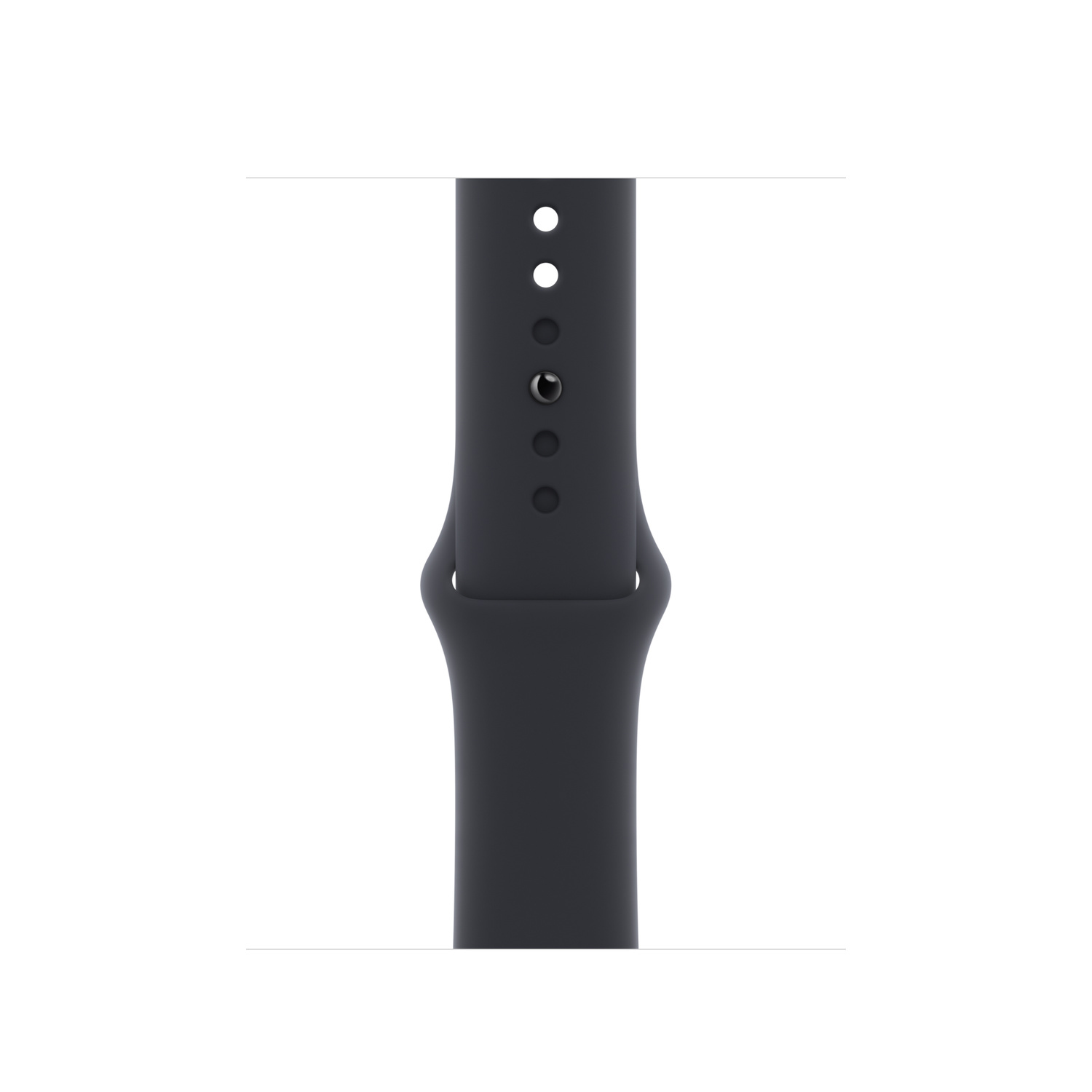 Gros plan d'un bracelet Apple Watch bleu foncé sur fond blanc.