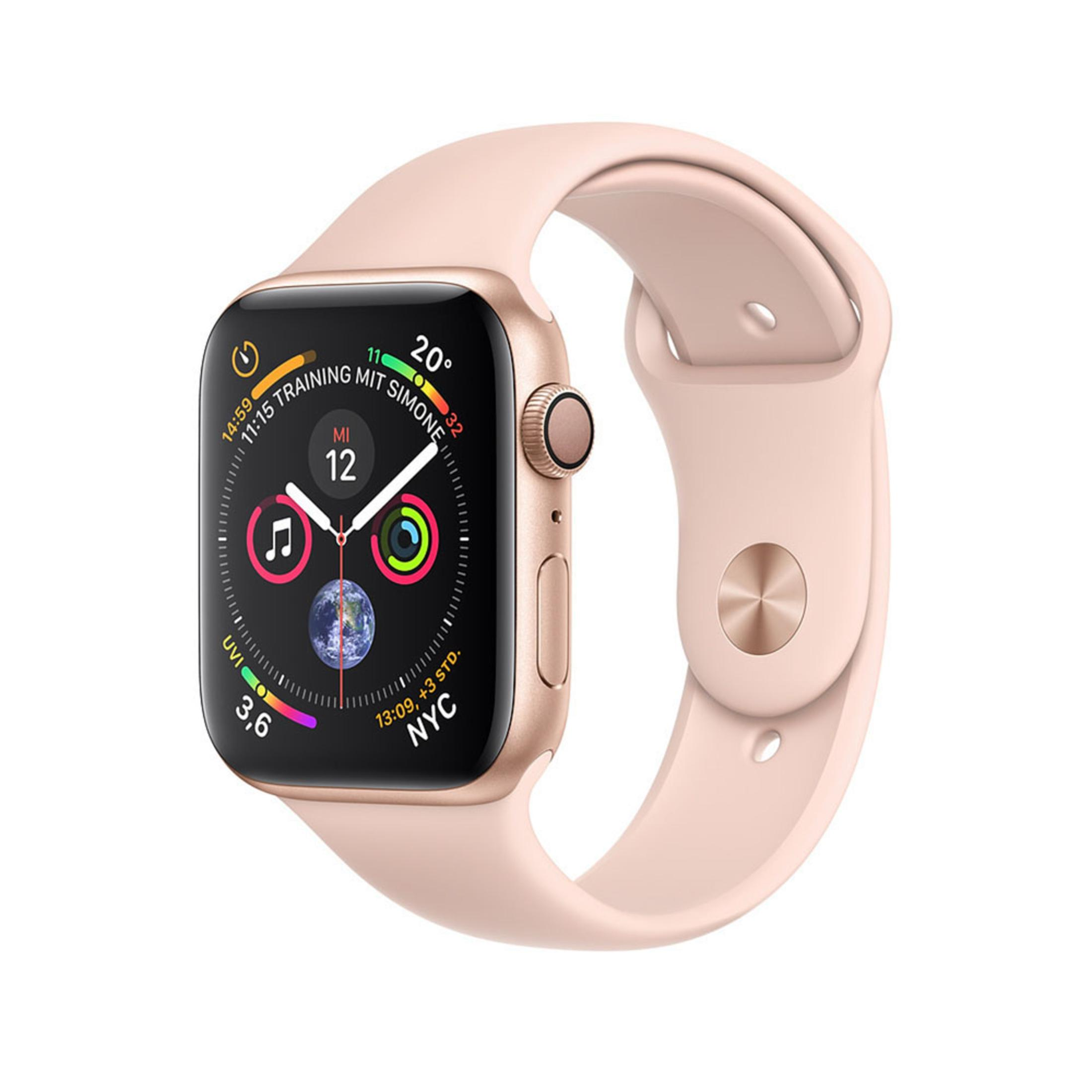 Un Apple Watch dorado con correa rosa, mostrando la esfera del reloj.