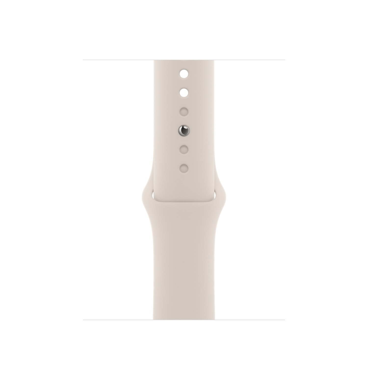 A close-up of a light-colored Apple Watch band, showing the connection point and adjustment holes.