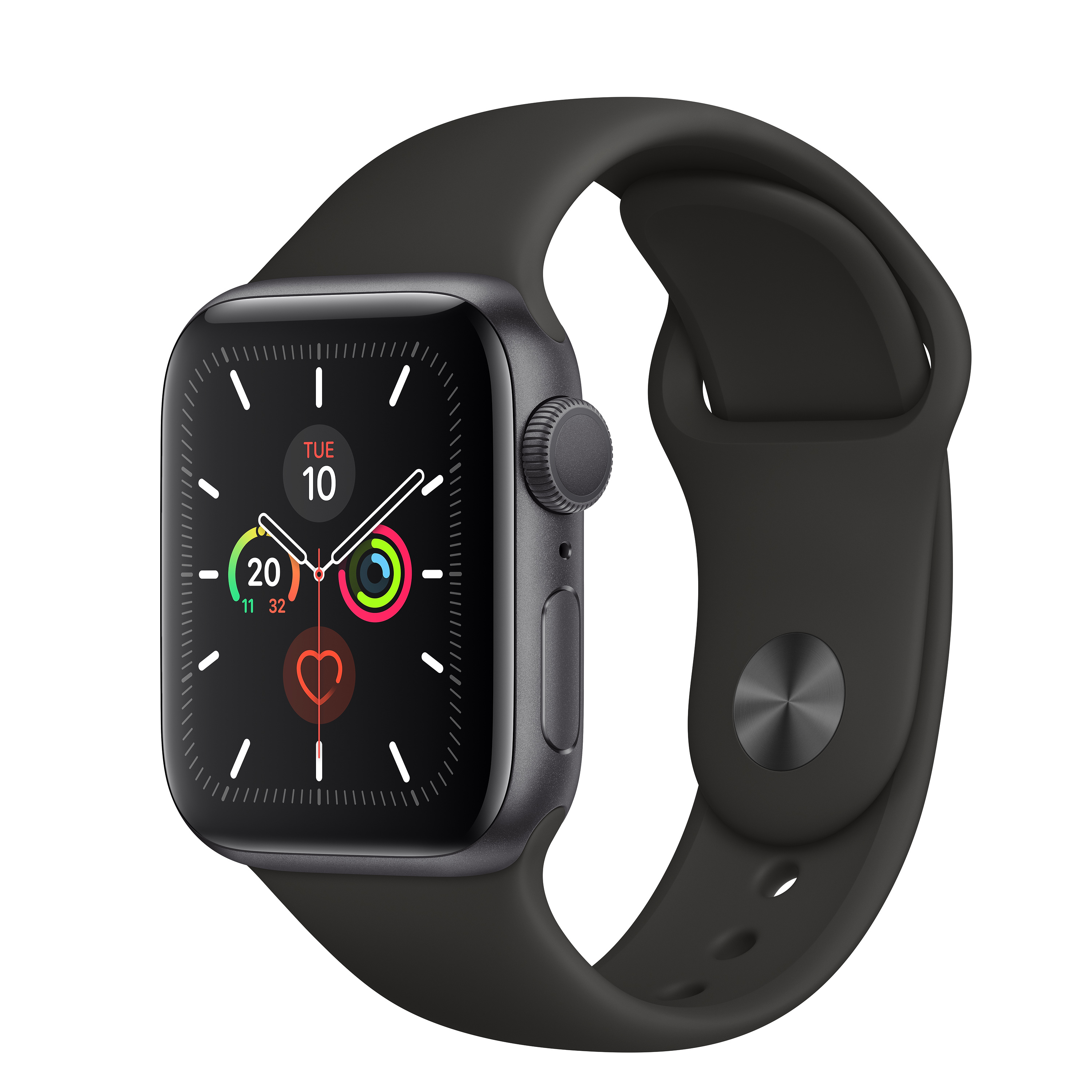 Apple Watch negra con banda negra. Muestra el día, la fecha y la frecuencia cardíaca.