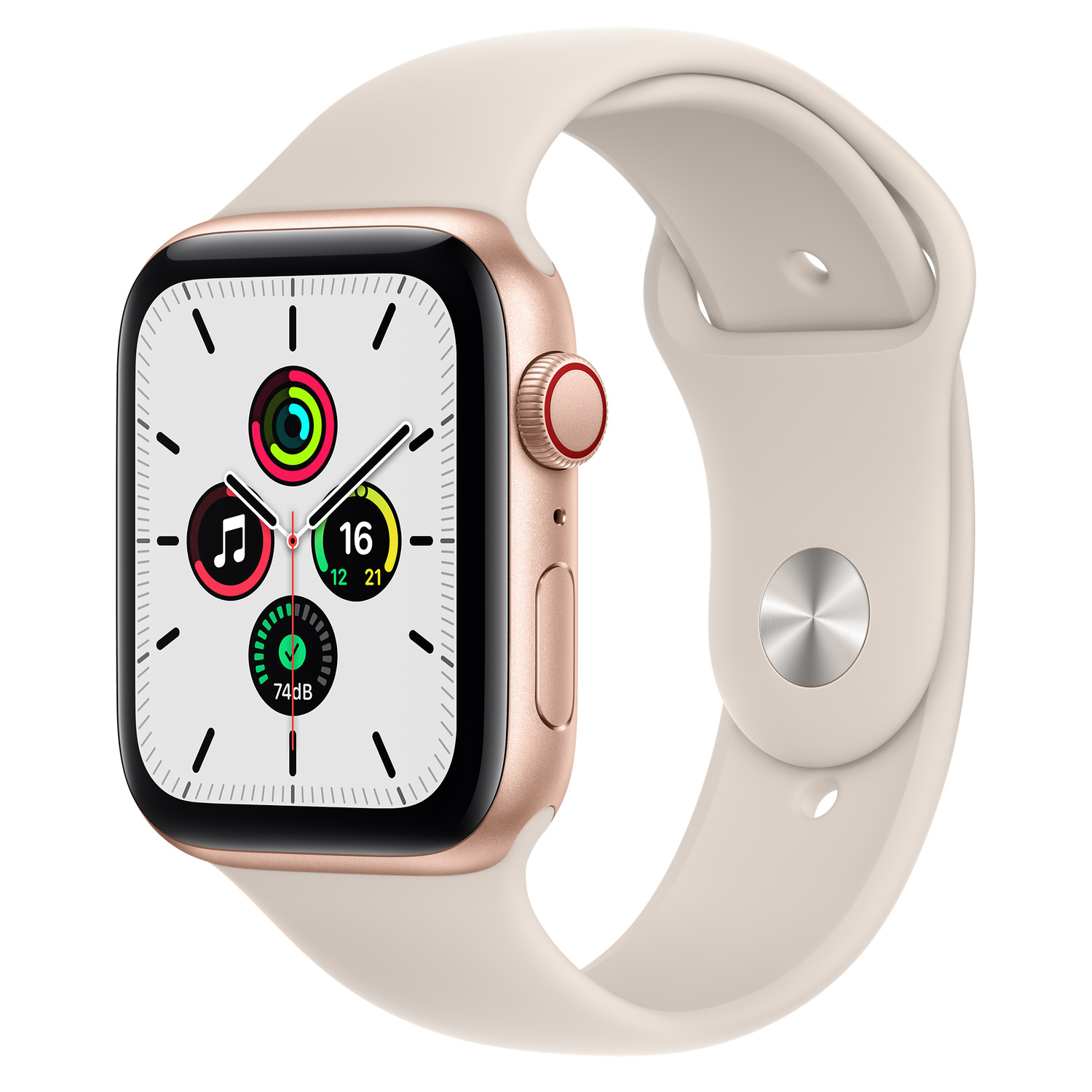 Apple Watch dorada con correa rosa claro que muestra la hora y métricas de salud.
