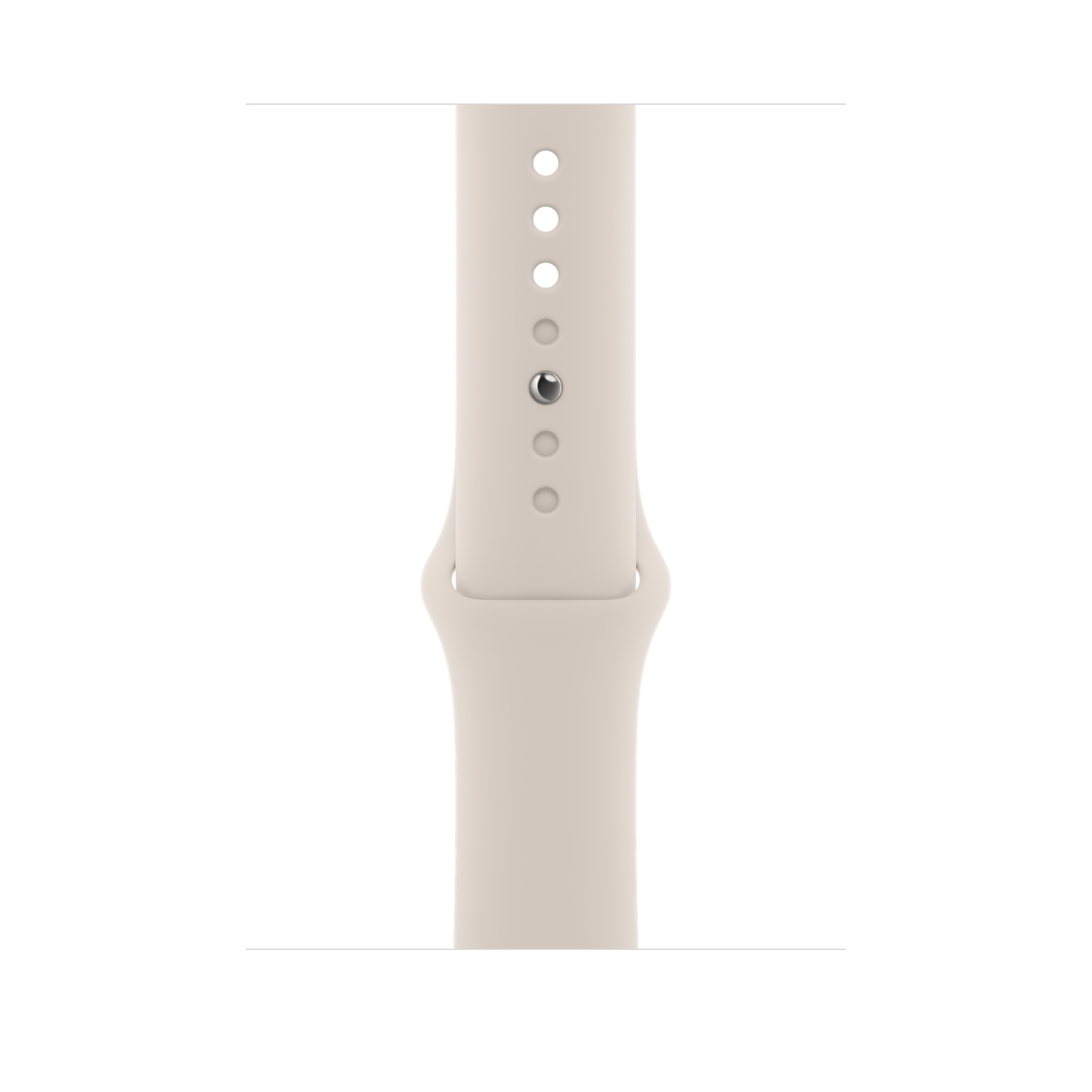 Close-up of a beige watch band with adjustment holes. White background.