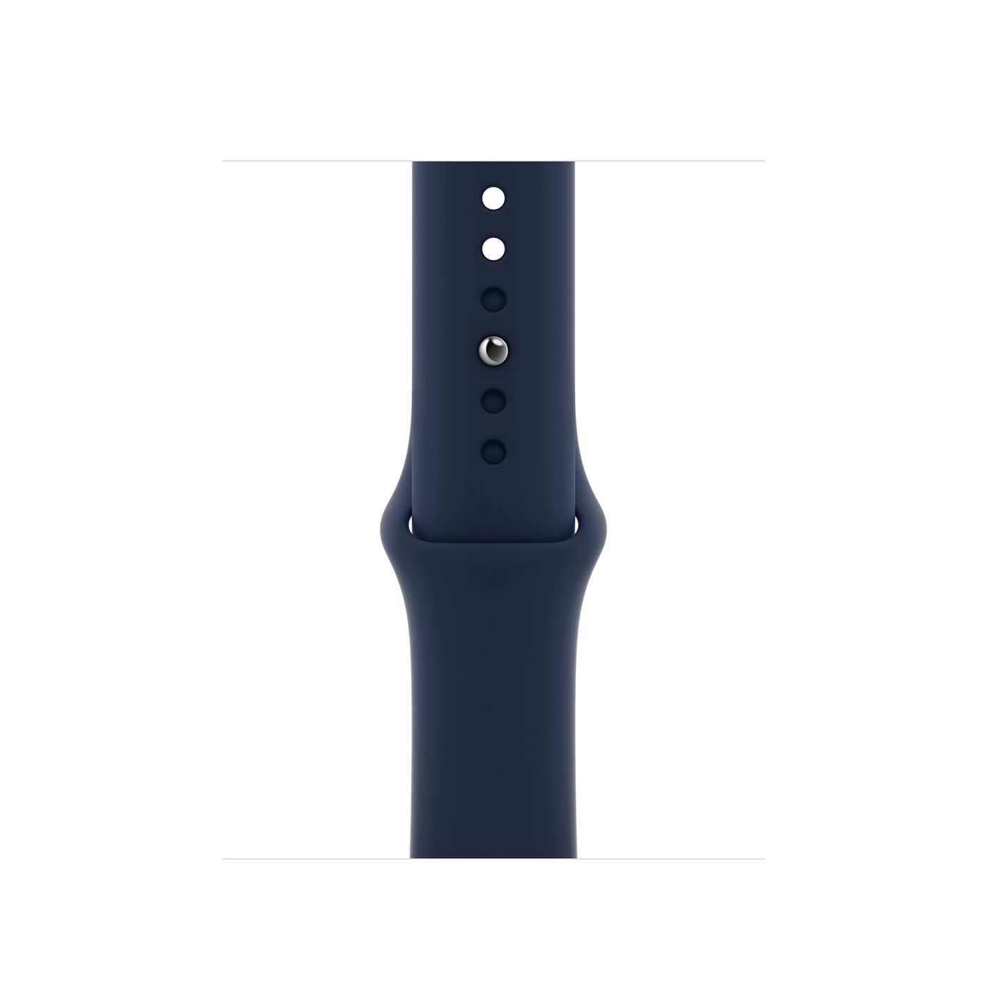 Primer plano de una correa de Apple Watch azul oscuro sobre fondo blanco con agujeros.