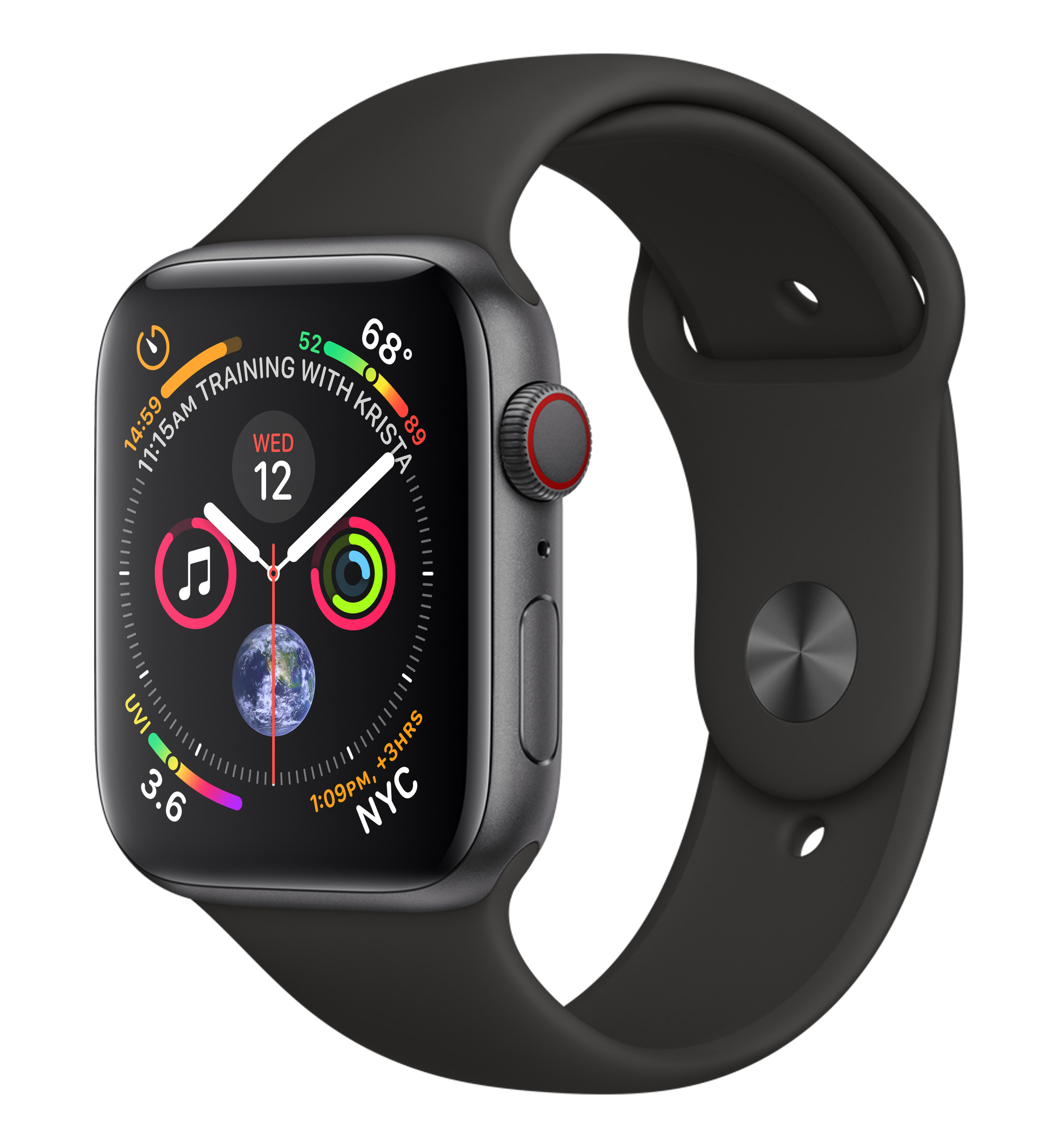Schwarze Apple Watch mit schwarzem Armband. Das Zifferblatt zeigt Trainingsdaten an.