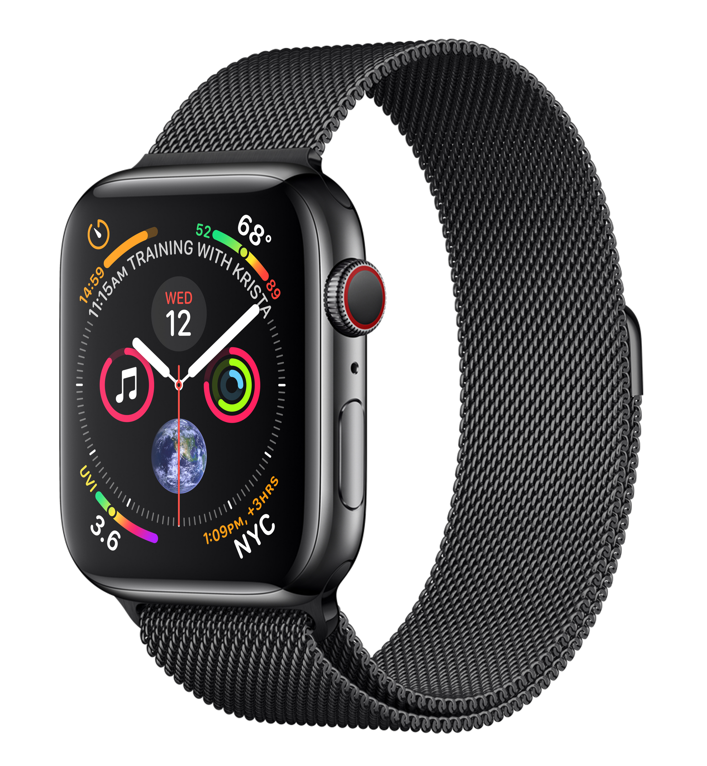 Eine schwarze Apple Watch mit schwarzem Armband zeigt Zeit, Aktivität und Erddetails.