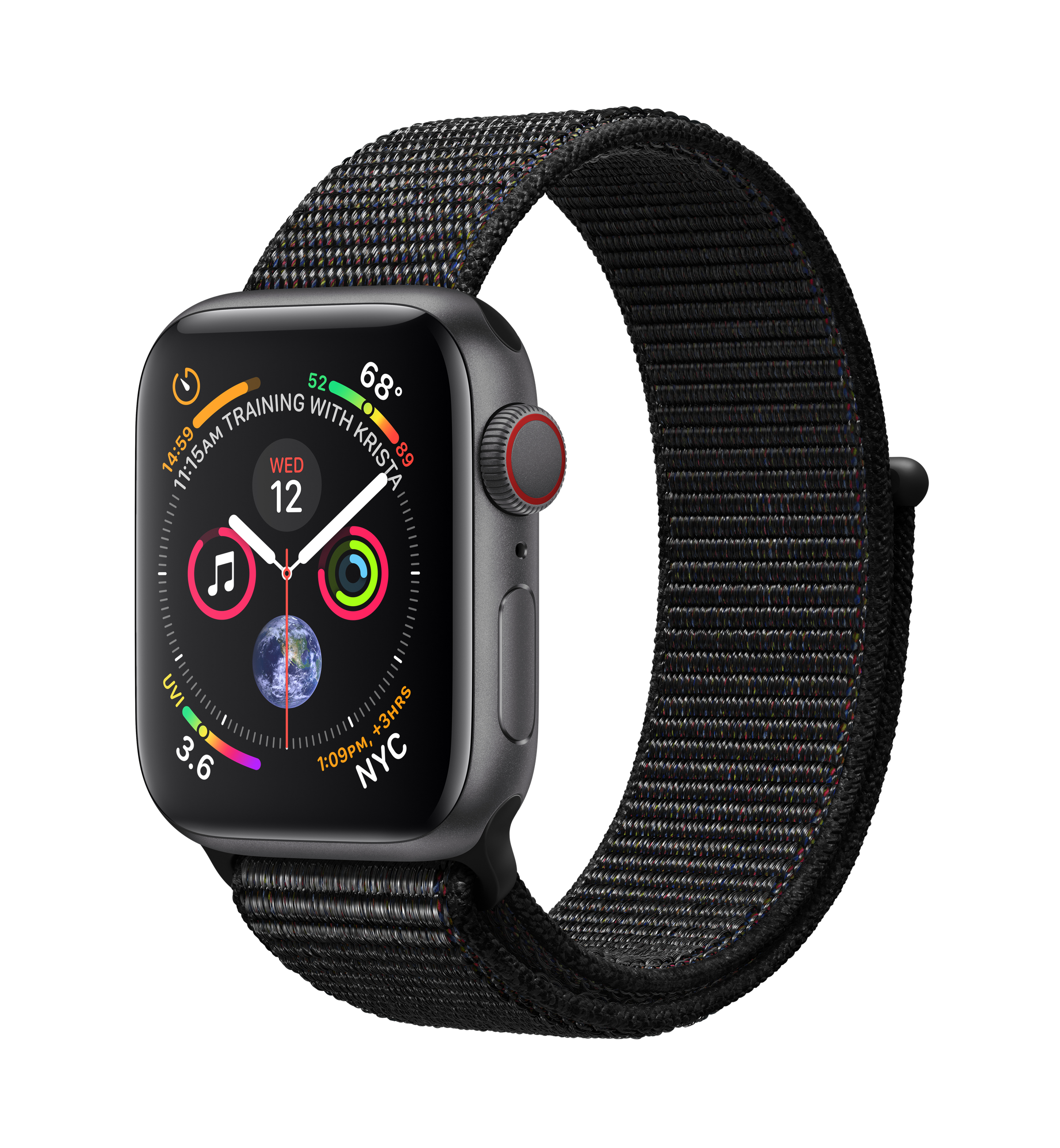 Graue Apple Watch mit schwarzem Armband, zeigt Zeit, Datum und Gesundheitsdaten.