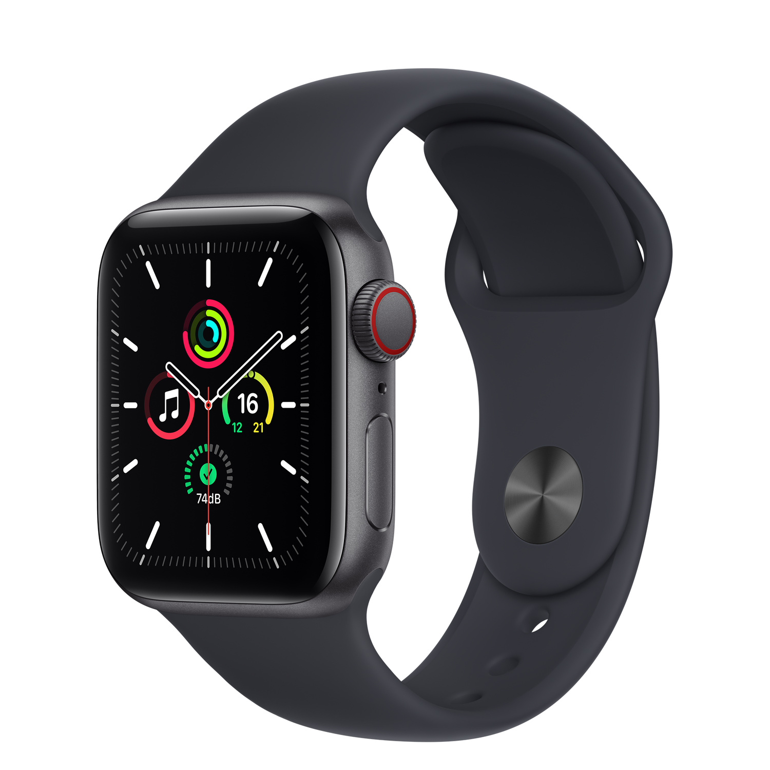 Ciemnoszary Apple Watch na granatowym pasku, zbliżenie na białym tle. Wyświetlacz włączony.