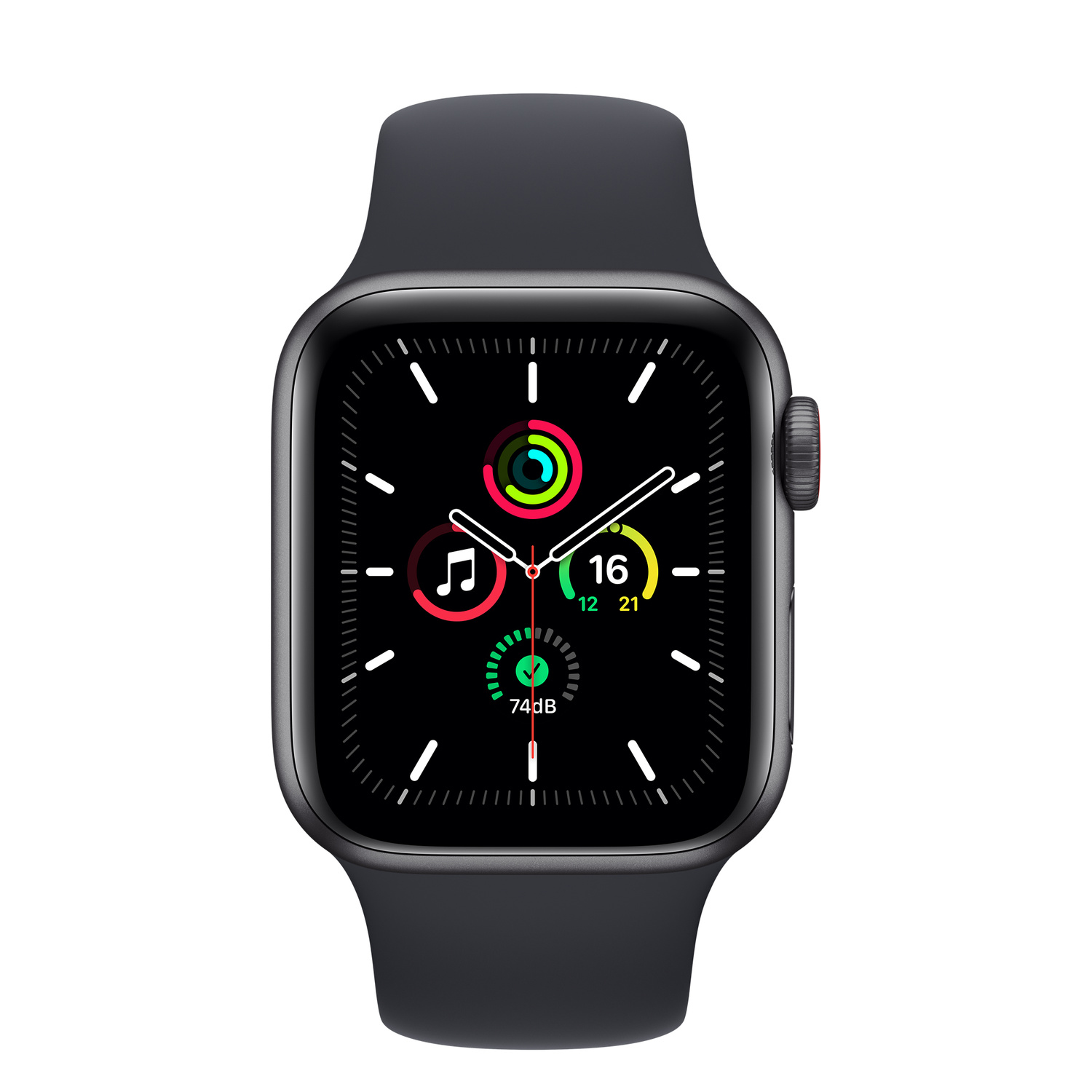 Une Apple Watch gris foncé avec un bracelet bleu foncé, affichant l'heure et les icônes d'applications.
