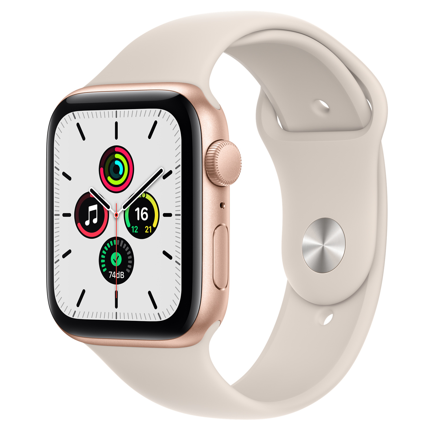 Apple Watch dorada con correa beige. El reloj muestra iconos y la hora.