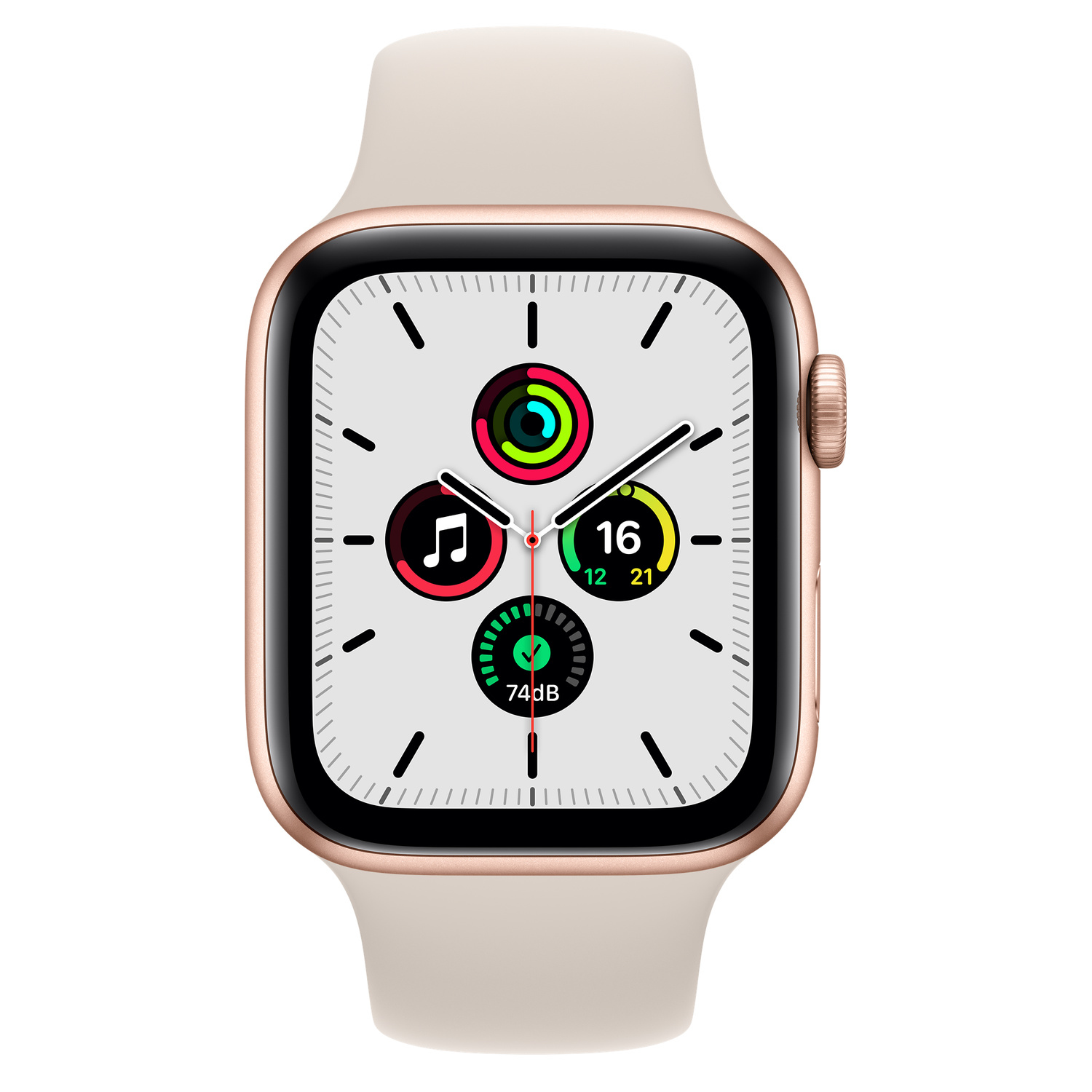 Gold Apple Watch with tan band. Display shows time, date, and health data.