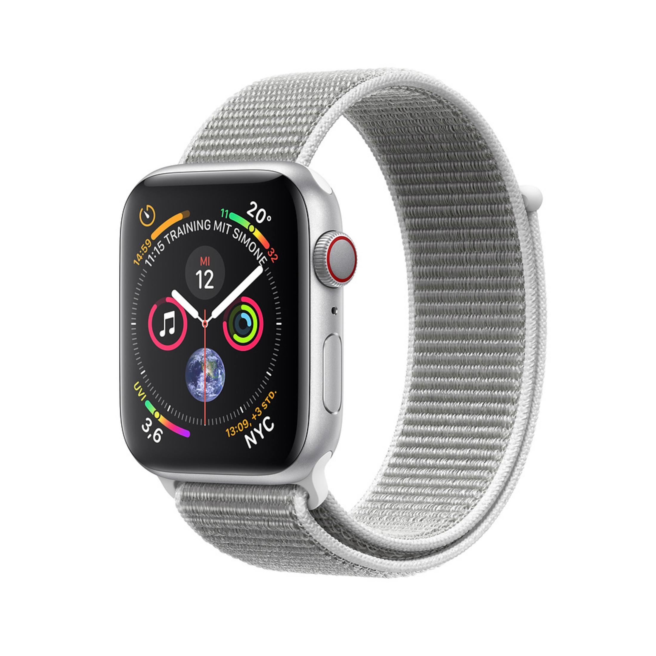 Silberne Apple Watch mit hellgrauem Stoffband. Das Zifferblatt zeigt Uhrzeit und App-Symbole. Weißer Hintergrund.