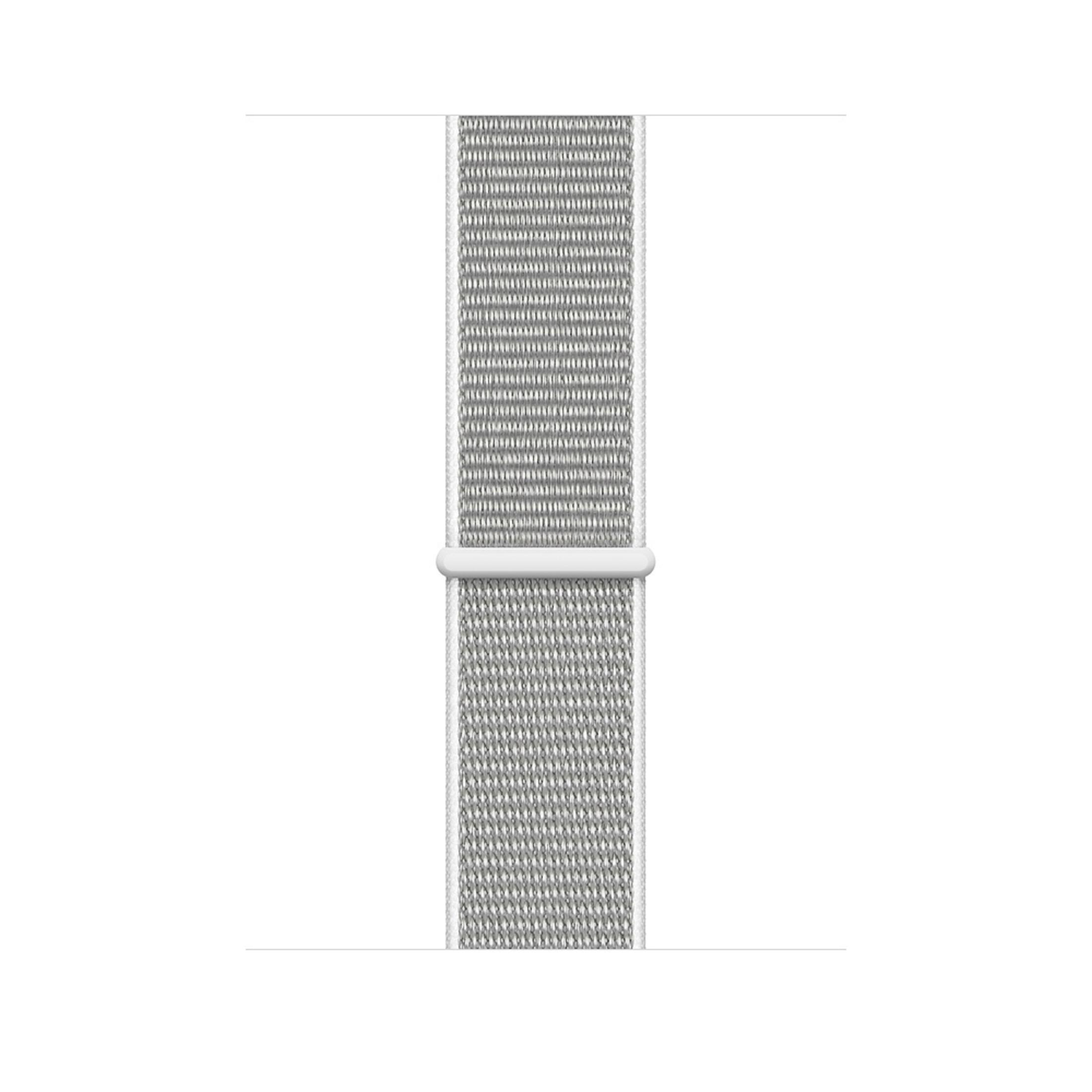 Graues und weißes Uhrenarmband. Das Armband besteht aus gewebtem Material und hat einen weißen Verschluss.