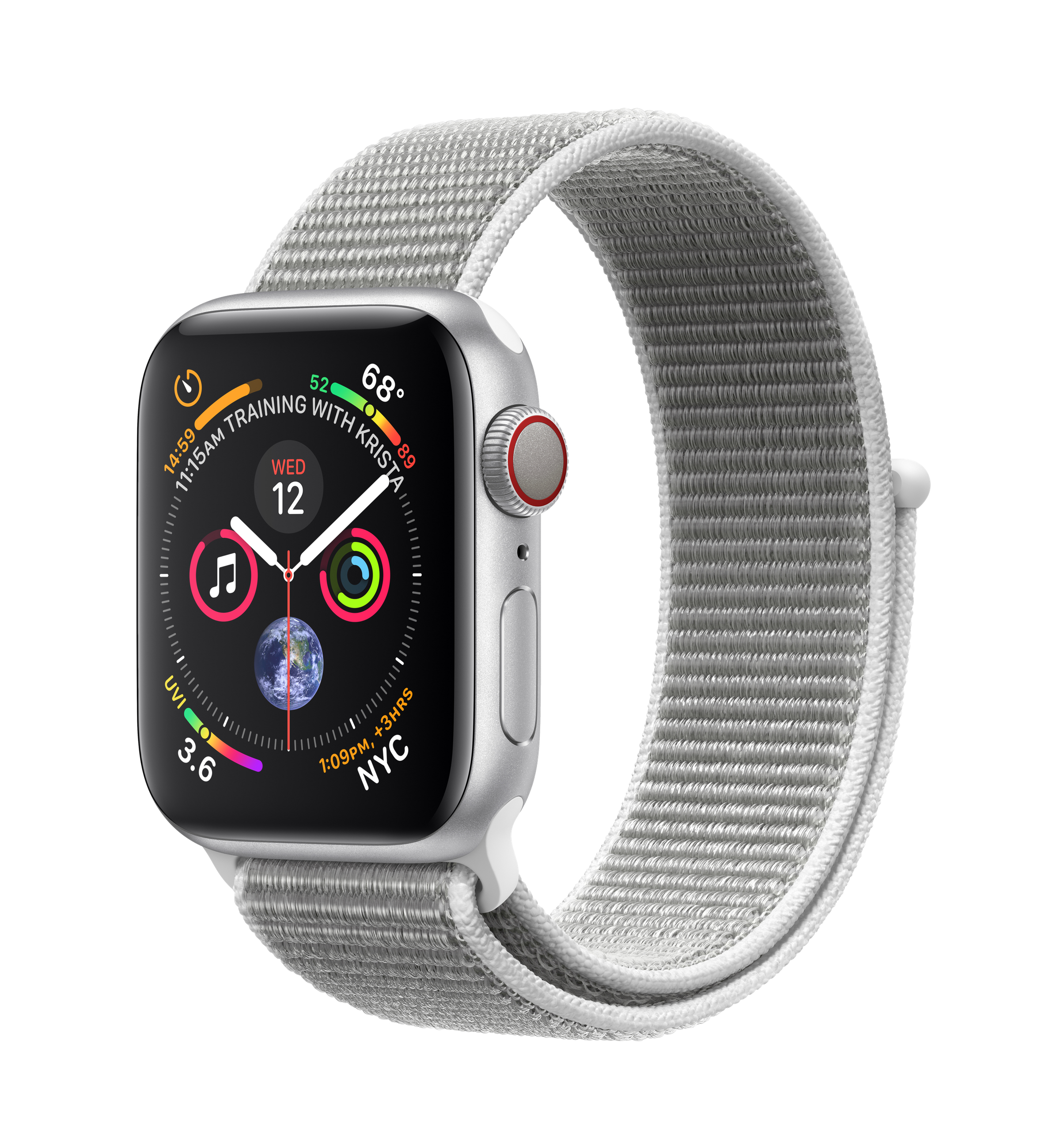 Silberne Apple Watch mit grauem Armband. Das Zifferblatt zeigt Trainingsdaten an.