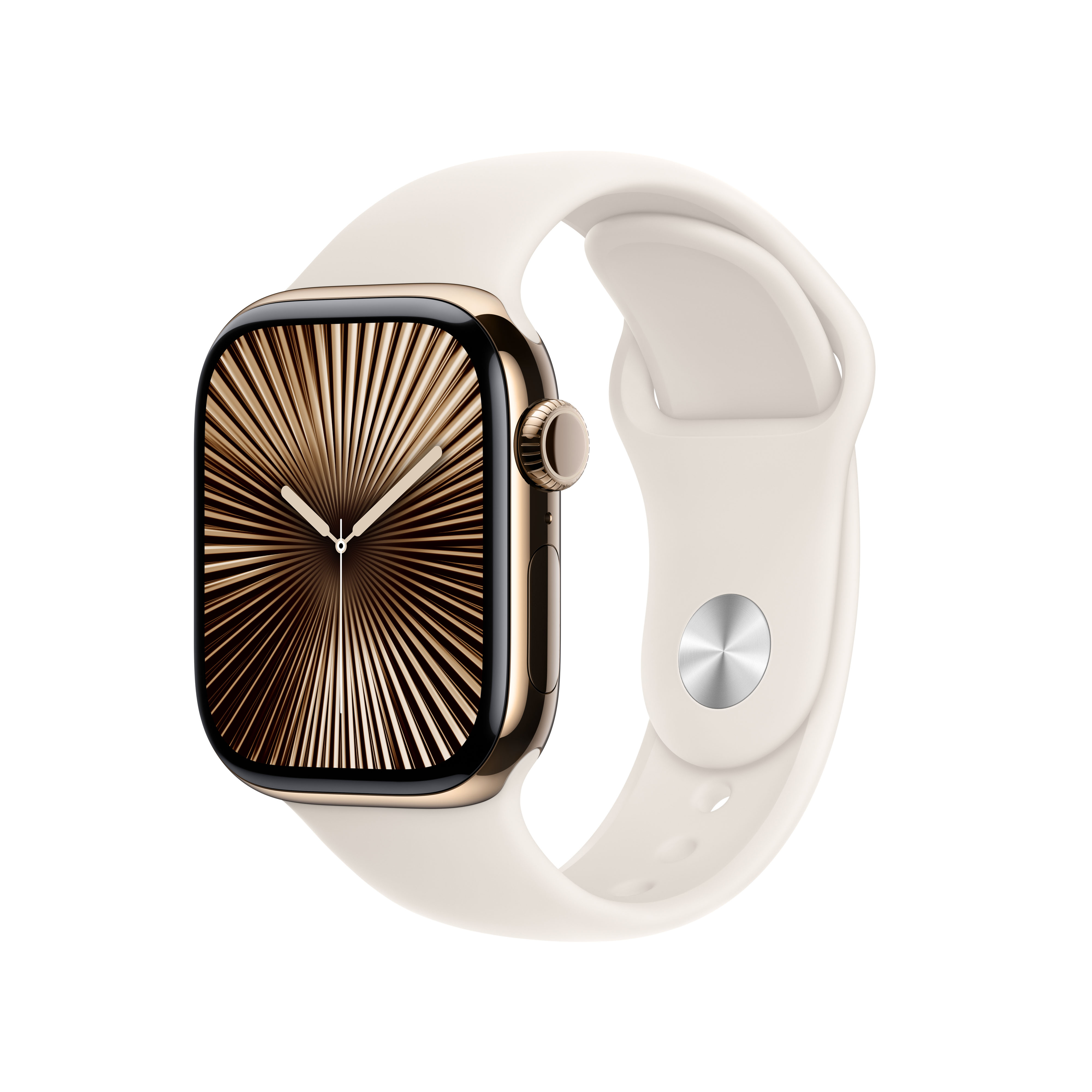 Złoty Apple Watch z białym paskiem. Tarcza z radialnym złotym wzorem.