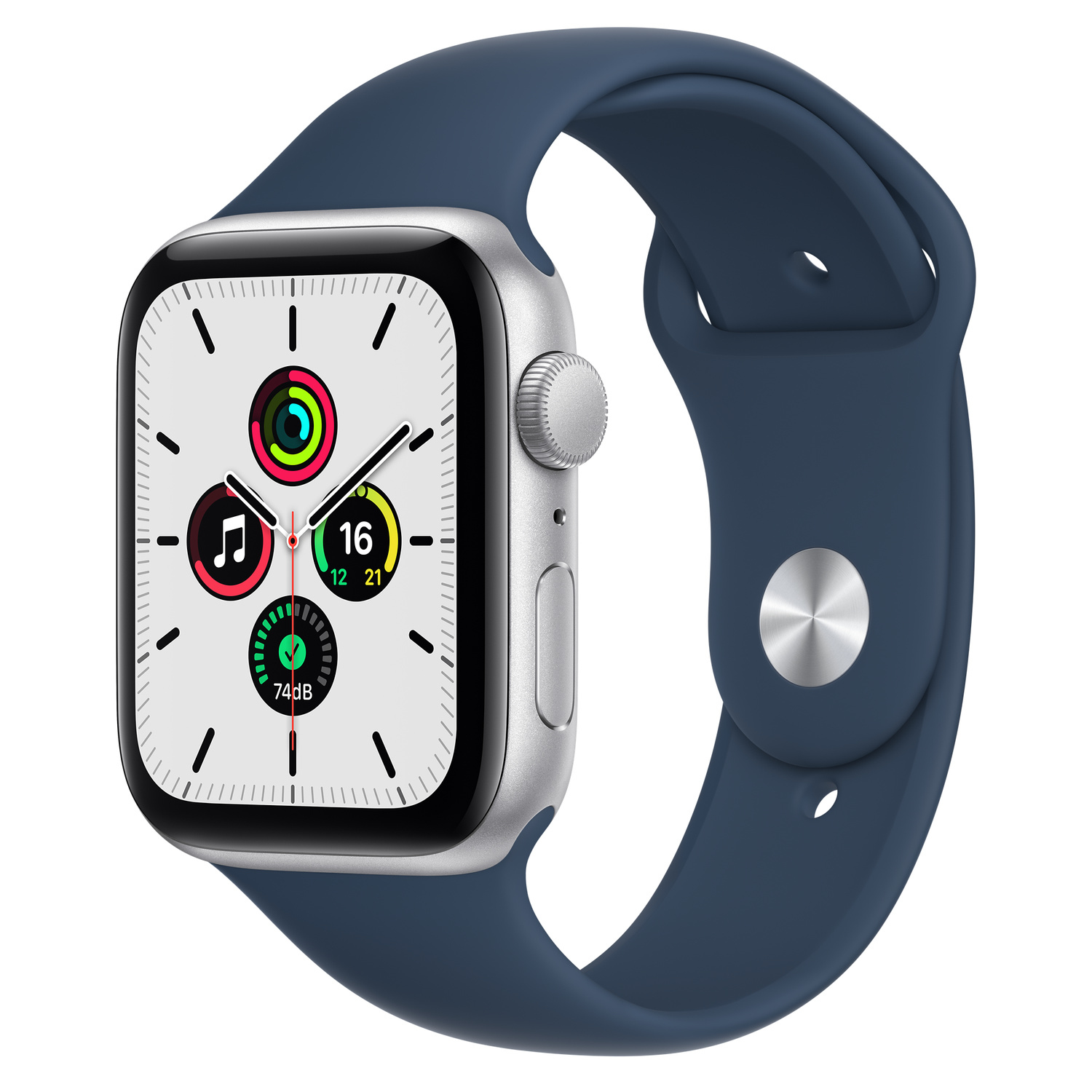 Silberne Apple Watch mit blauem Armband. Das Zifferblatt zeigt Zeit und App-Symbole.
