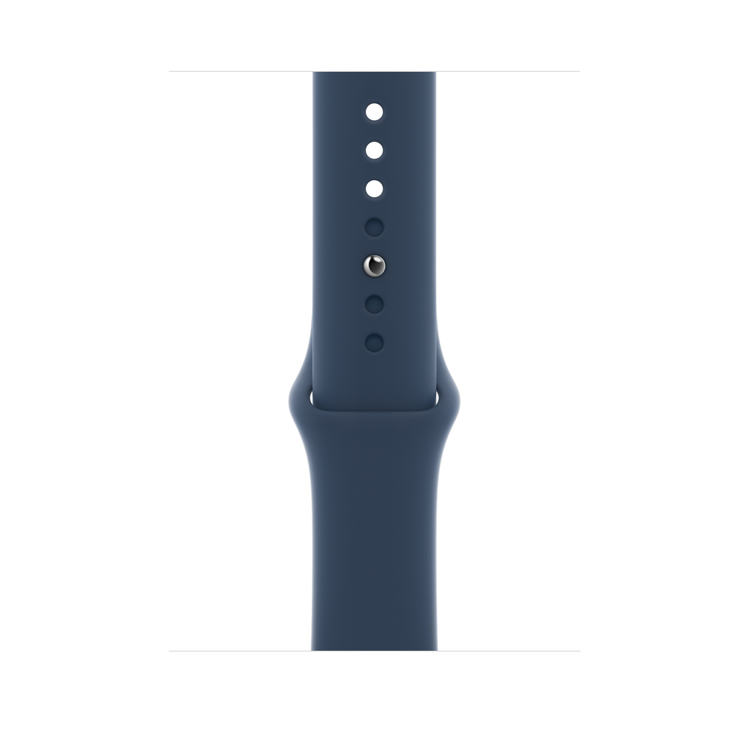 Nahaufnahme eines dunkelblauen Apple Watch-Armbands mit Löchern und einem Metallverschluss.