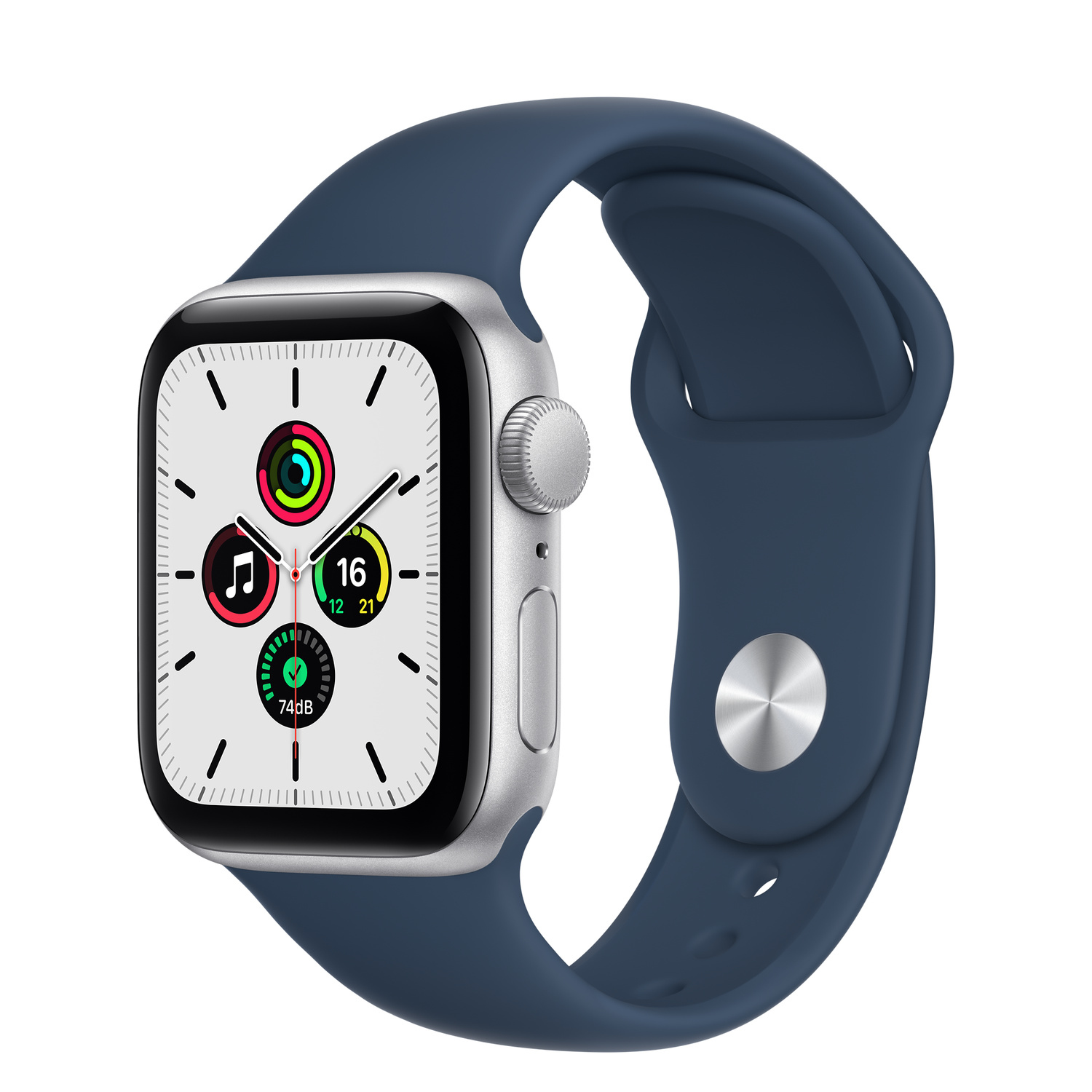 Silberne Apple Watch mit blauem Armband, zeigt Zeit, Datum und andere Informationen.