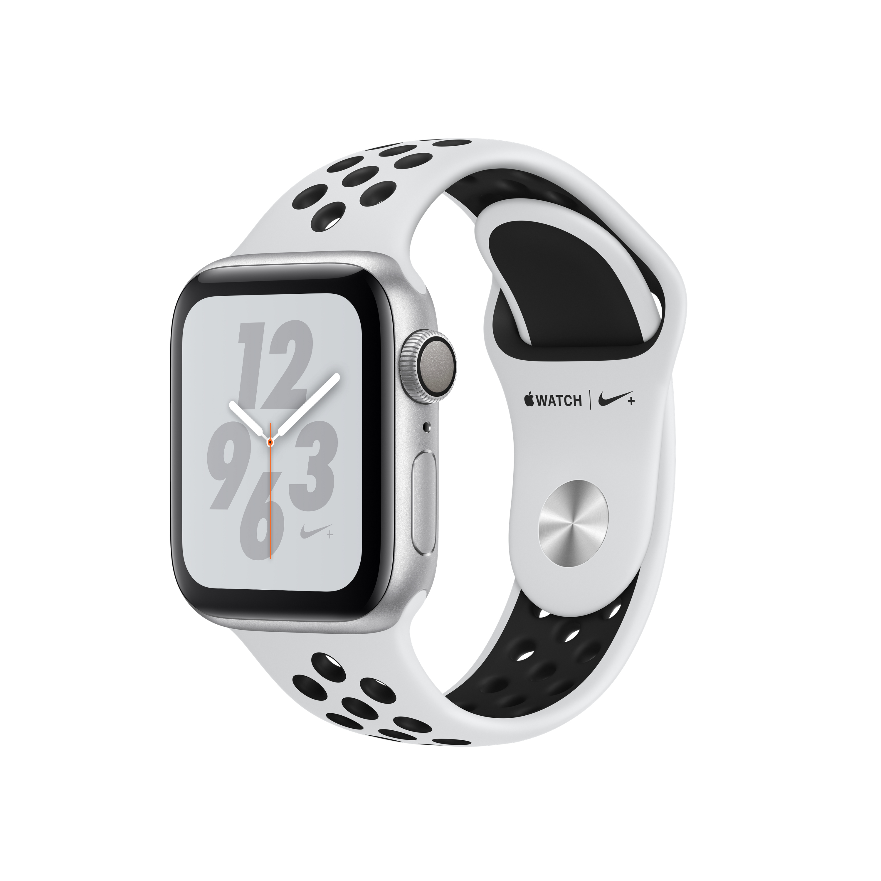 Eine Apple Watch mit silbernem Gehäuse und weiß-schwarzem Armband mit Nike-Logo.