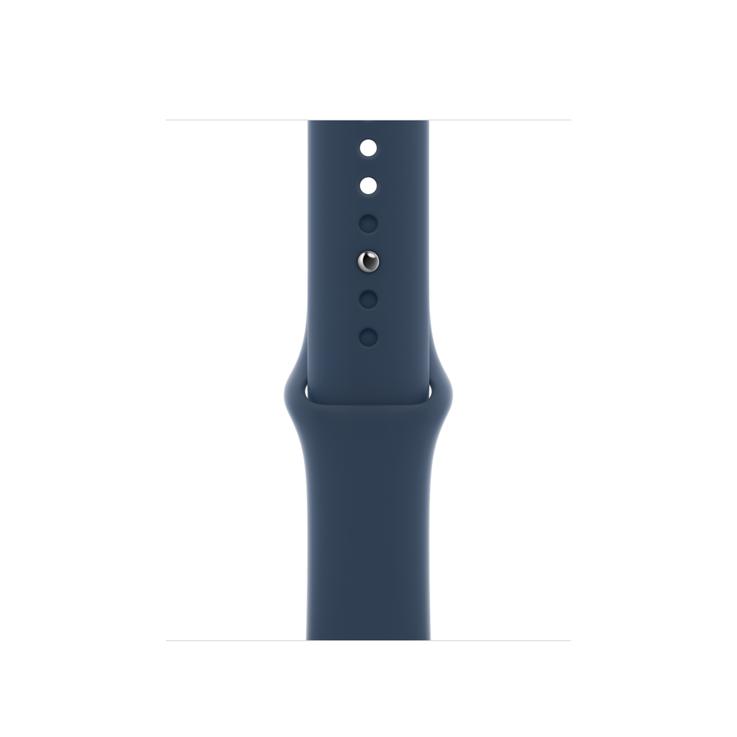 Gros plan d'un bracelet Apple Watch bleu foncé sur fond blanc avec trous.