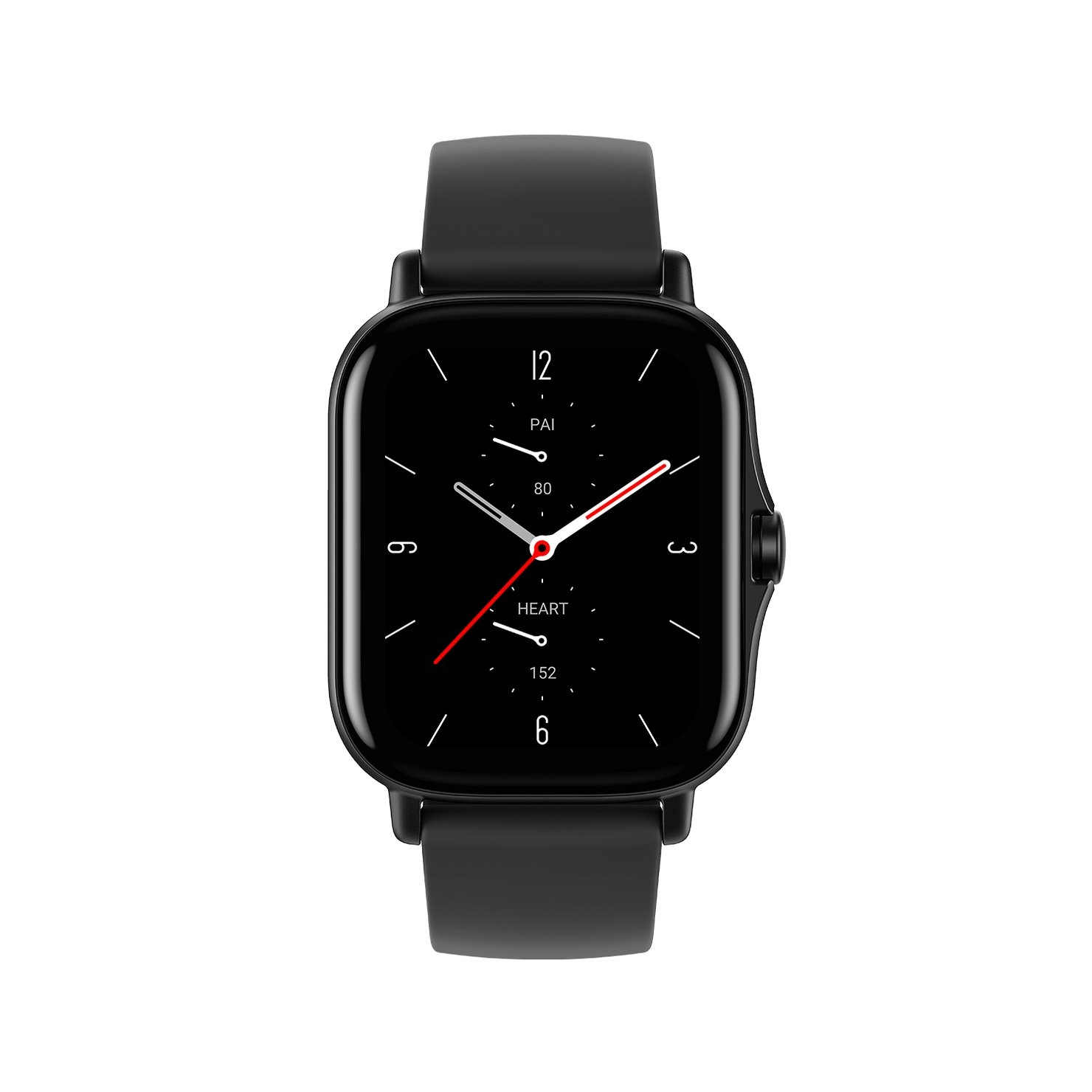 Czarny smartwatch z czarnym paskiem, pokazujący godzinę i tętno.