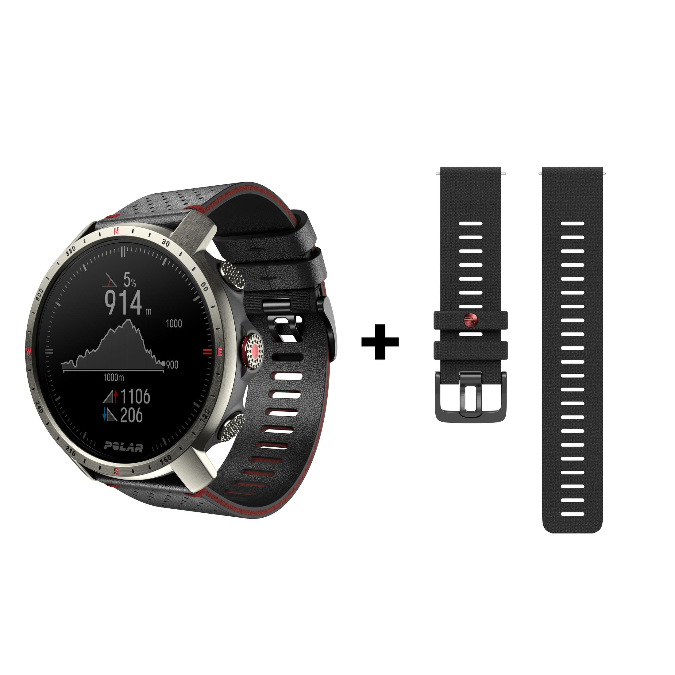 Un reloj Polar con detalles en negro y rojo, con dos correas negras adicionales.