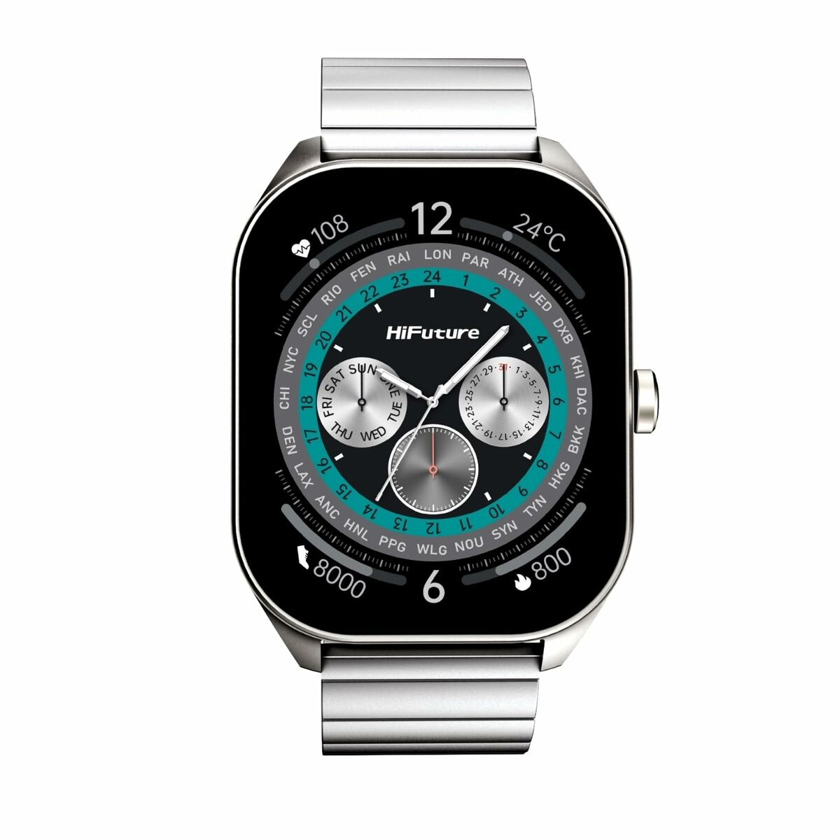 Smartwatch carrée avec bracelet en métal. Elle affiche l'heure, la météo et d'autres données. Fond blanc.
