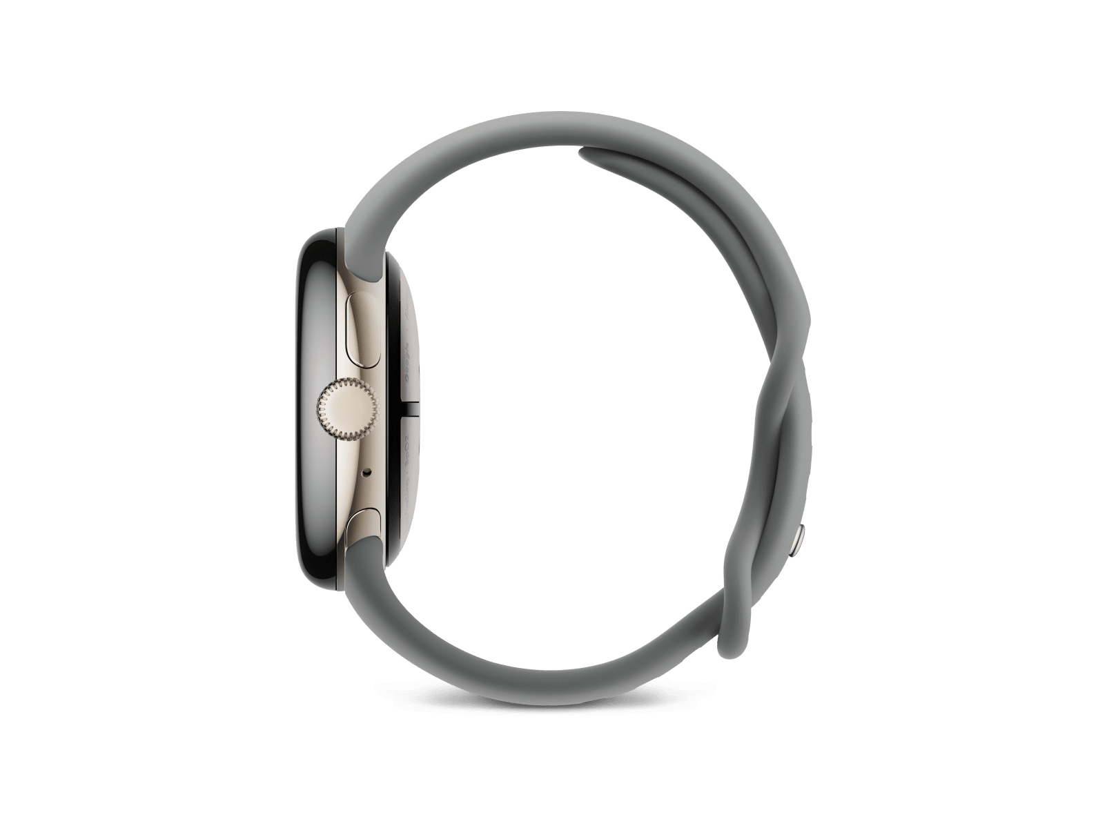 Widok z boku Apple Watch z szarym paskiem. Tarcza zegarka jest widoczna.