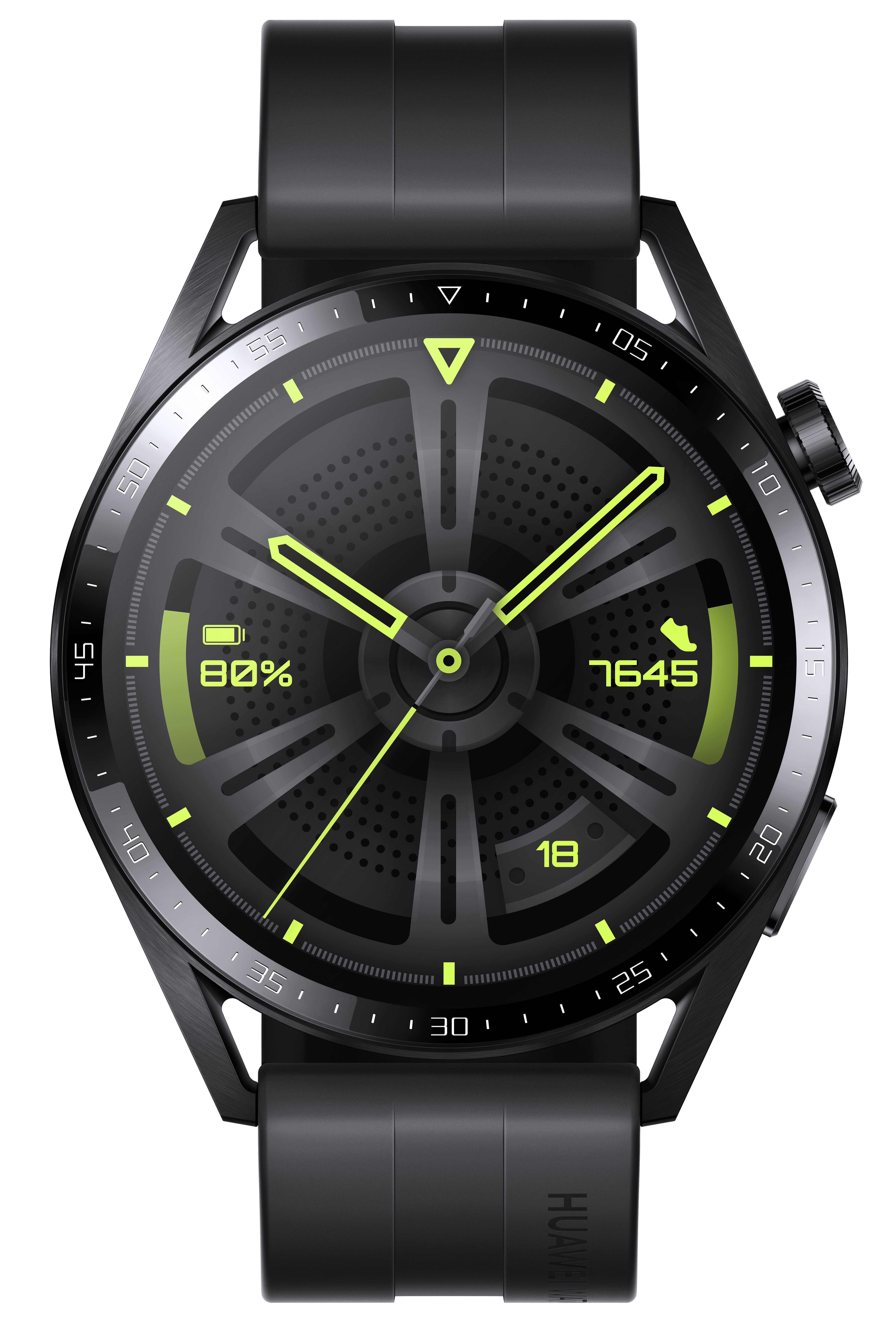 Eine schwarze Smartwatch mit rundem Zifferblatt. Sie zeigt Zeit, Akku und Trainingsdaten an.