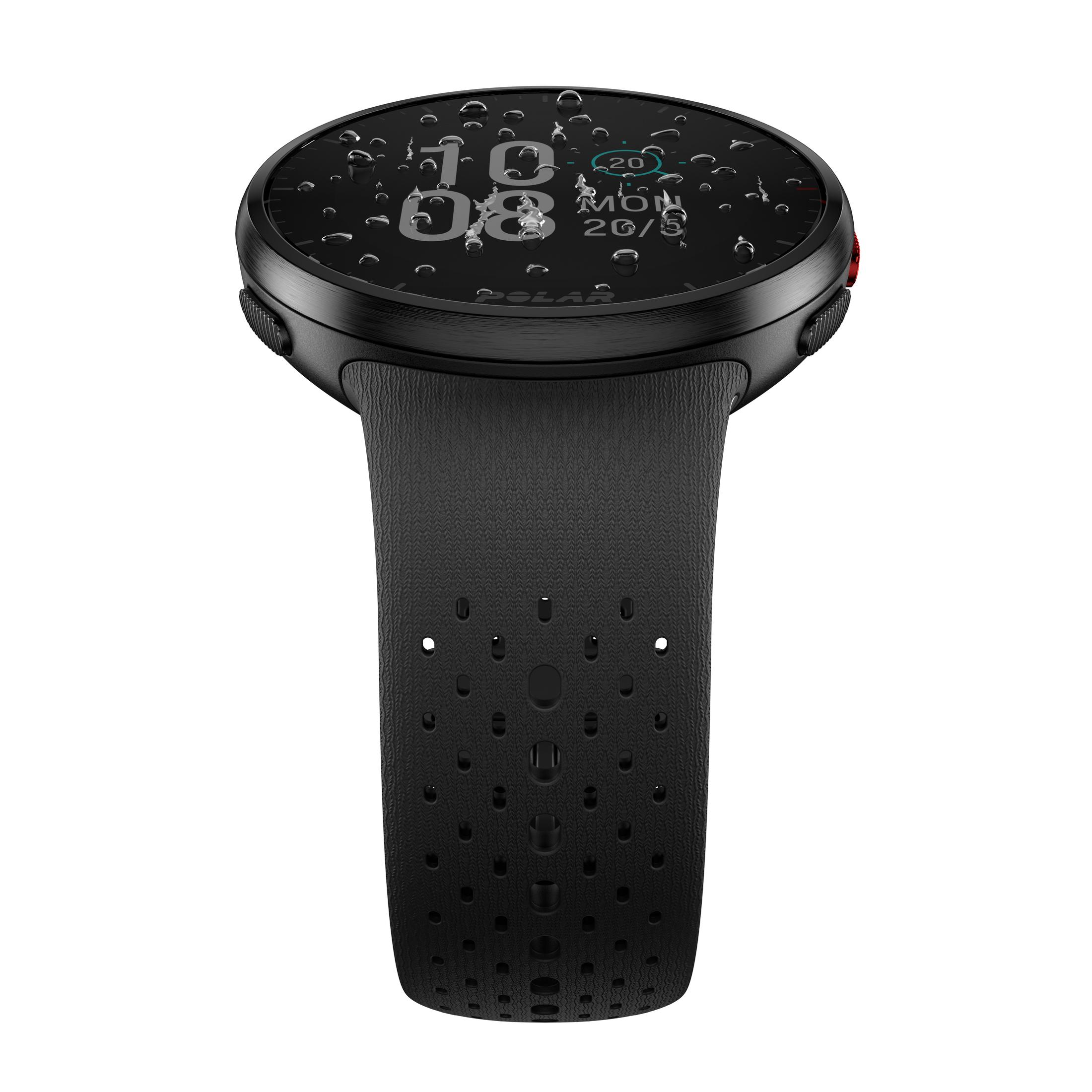 Czarny zegarek Polar z czarnym paskiem, pokazujący godzinę i inne dane.