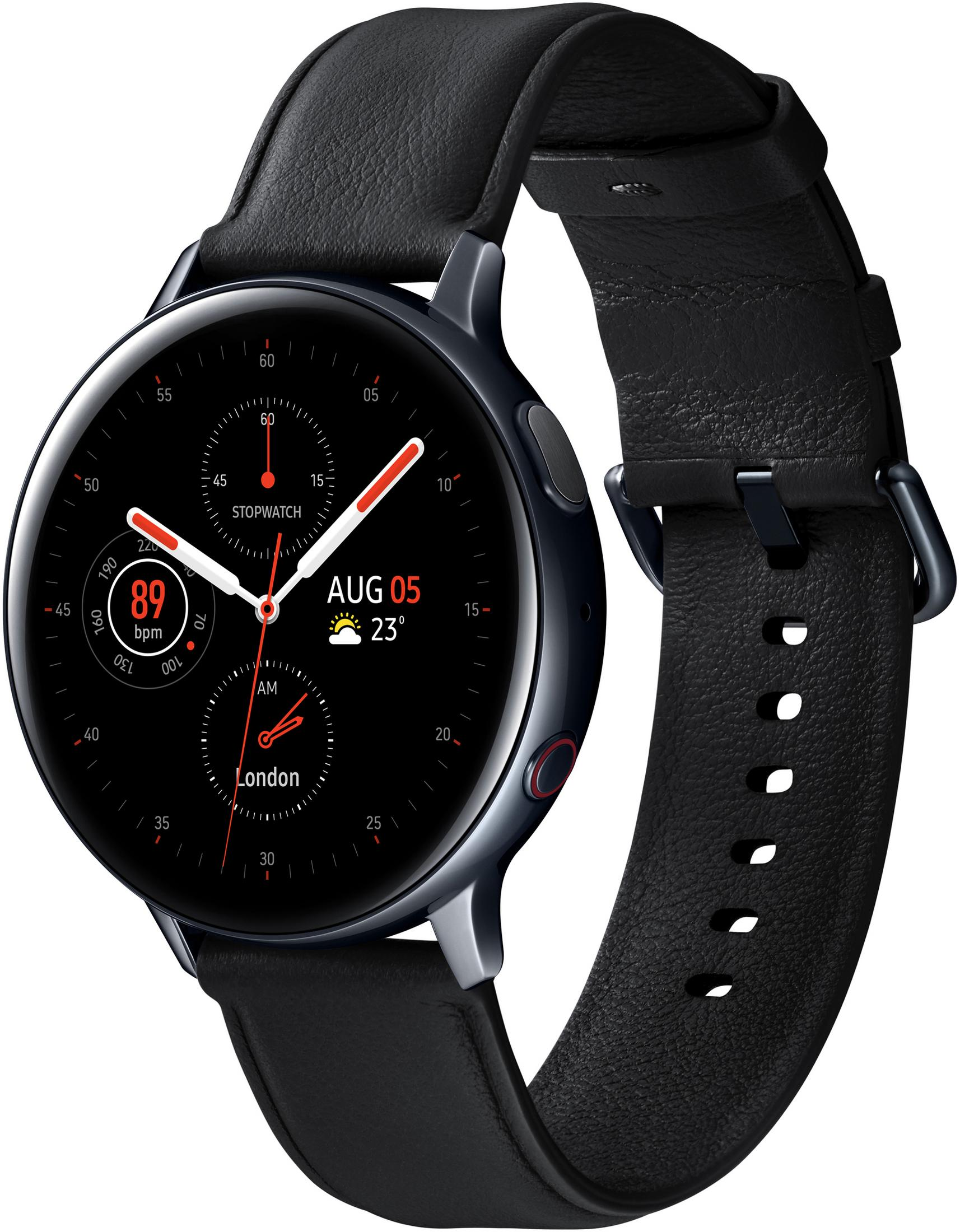 Schwarze Smartwatch mit Lederarmband, zeigt Zeit, Datum und Herzfrequenzdaten.