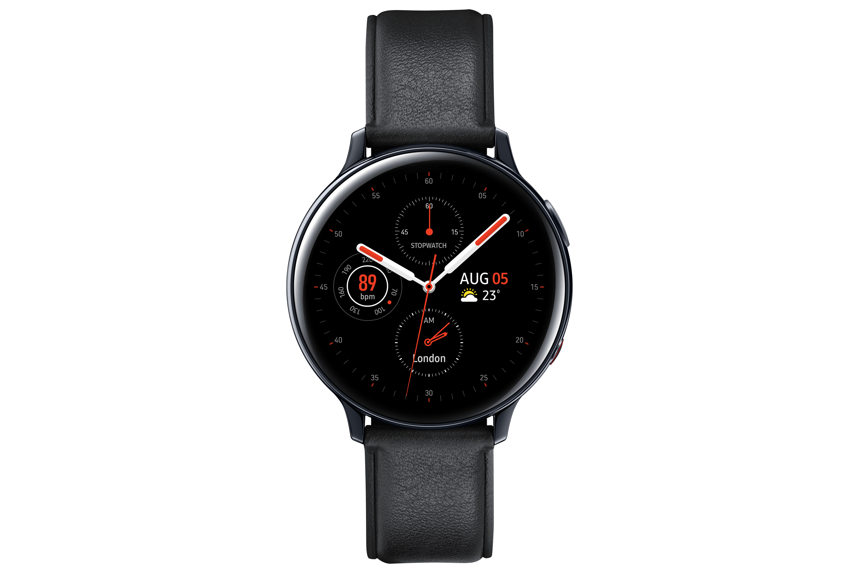 Schwarze Smartwatch mit schwarzem Lederarmband, die Datum, Uhrzeit und Gesundheitsdaten anzeigt.